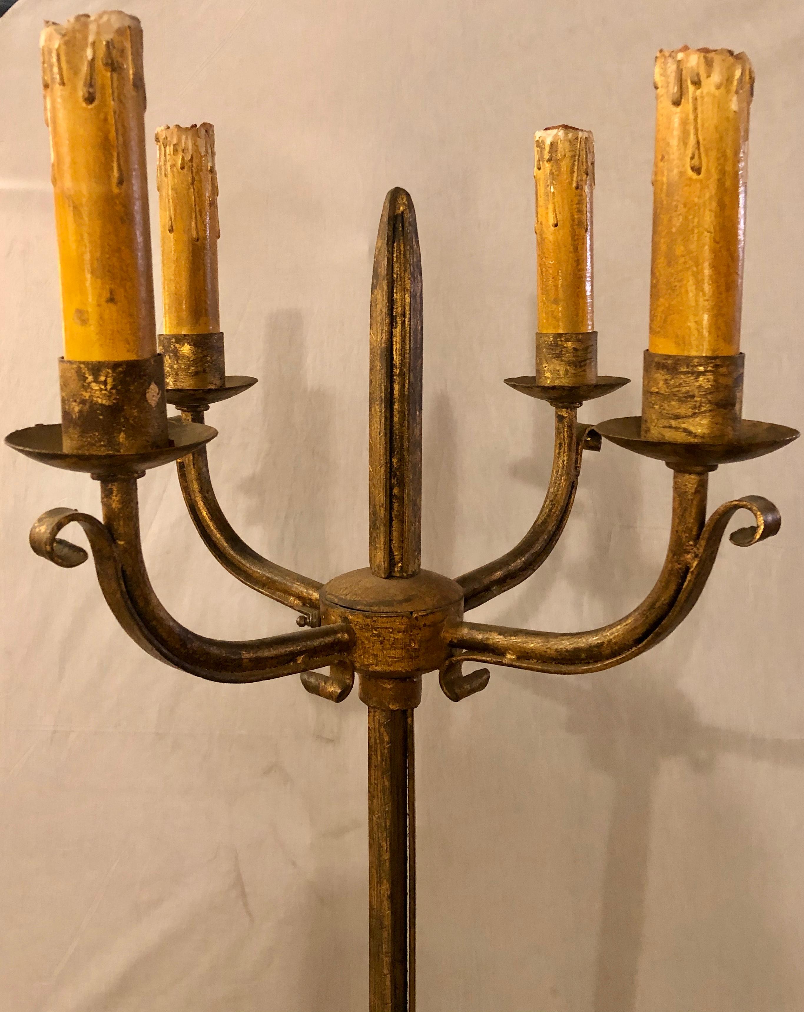 Pair of 19th Century Standing Candelabra Lamps, Gilt Metal Indurstrial In Good Condition In Stamford, CT