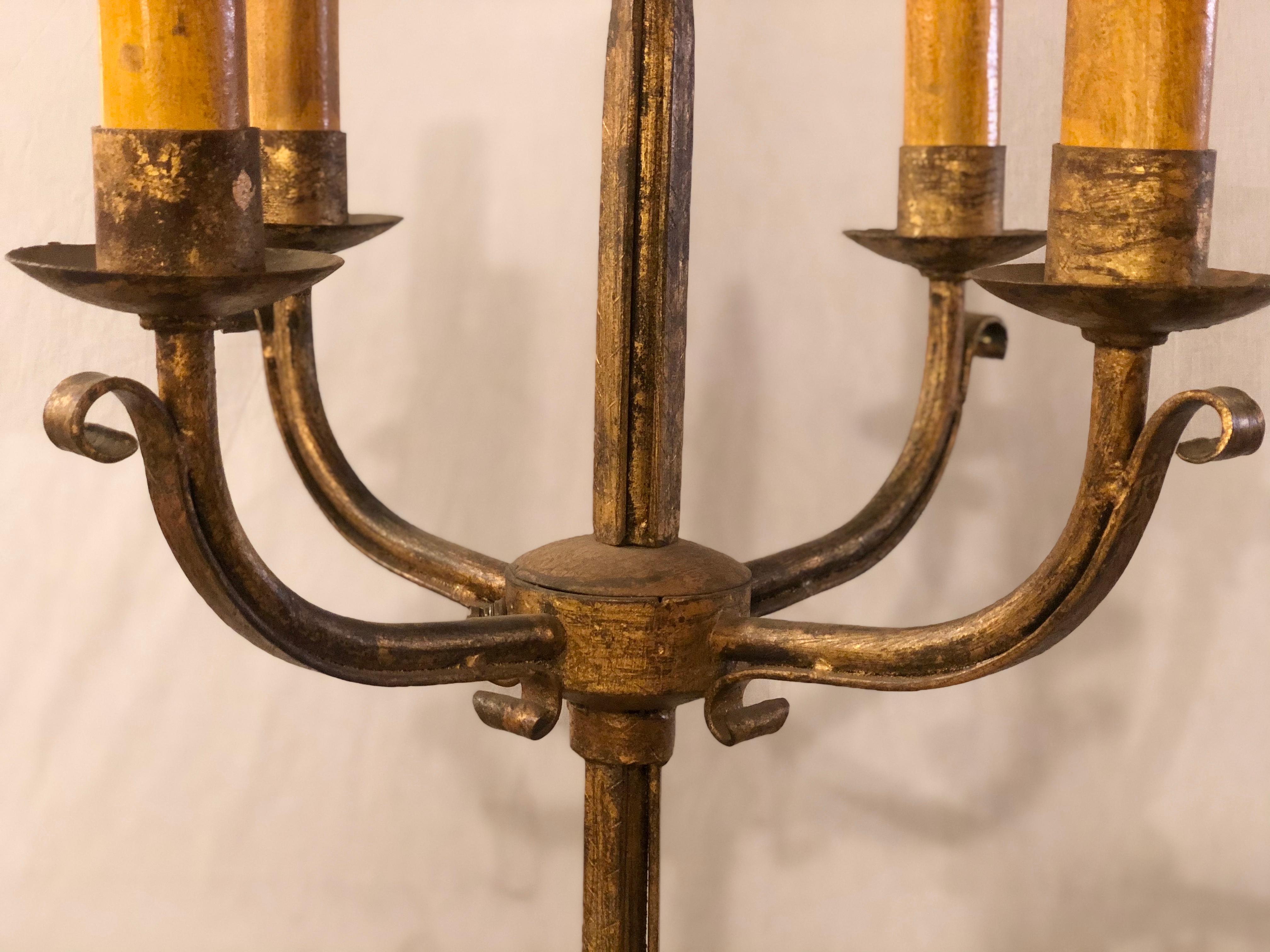 Early 20th Century Pair of 19th Century Standing Candelabra Lamps, Gilt Metal Indurstrial