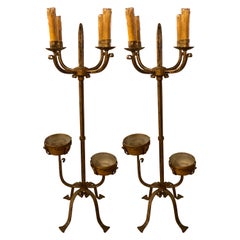 Antique Pair of 19th Century Standing Candelabra Lamps, Gilt Metal Indurstrial