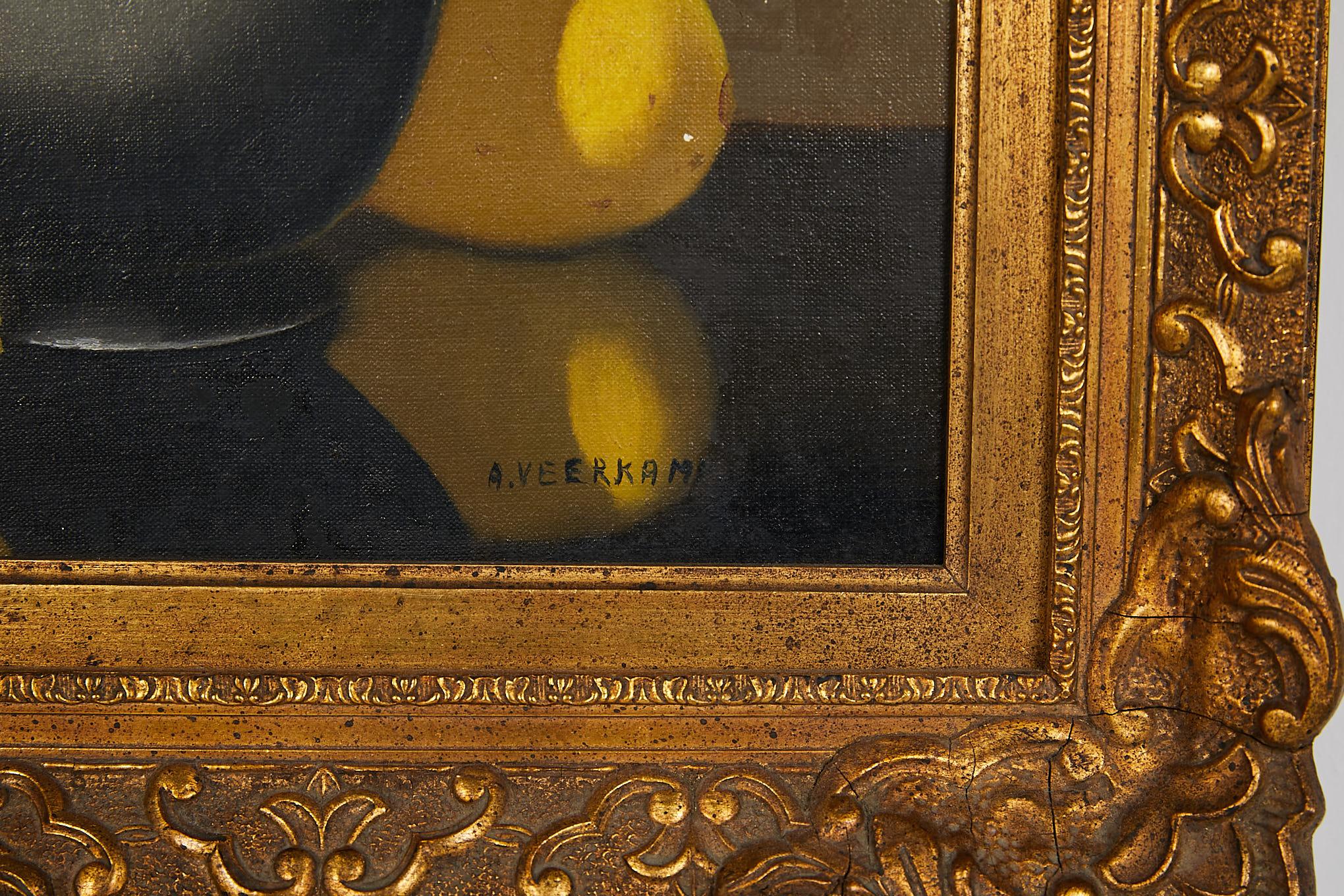 Pair of beautiful quality 19th century Dutch oil paintings in matching carved giltwood frames and bearing the nameplate of the artist, A. Veerkamp. Both paintings feature an ecru background and a glossy black table surface in the foreground. On top