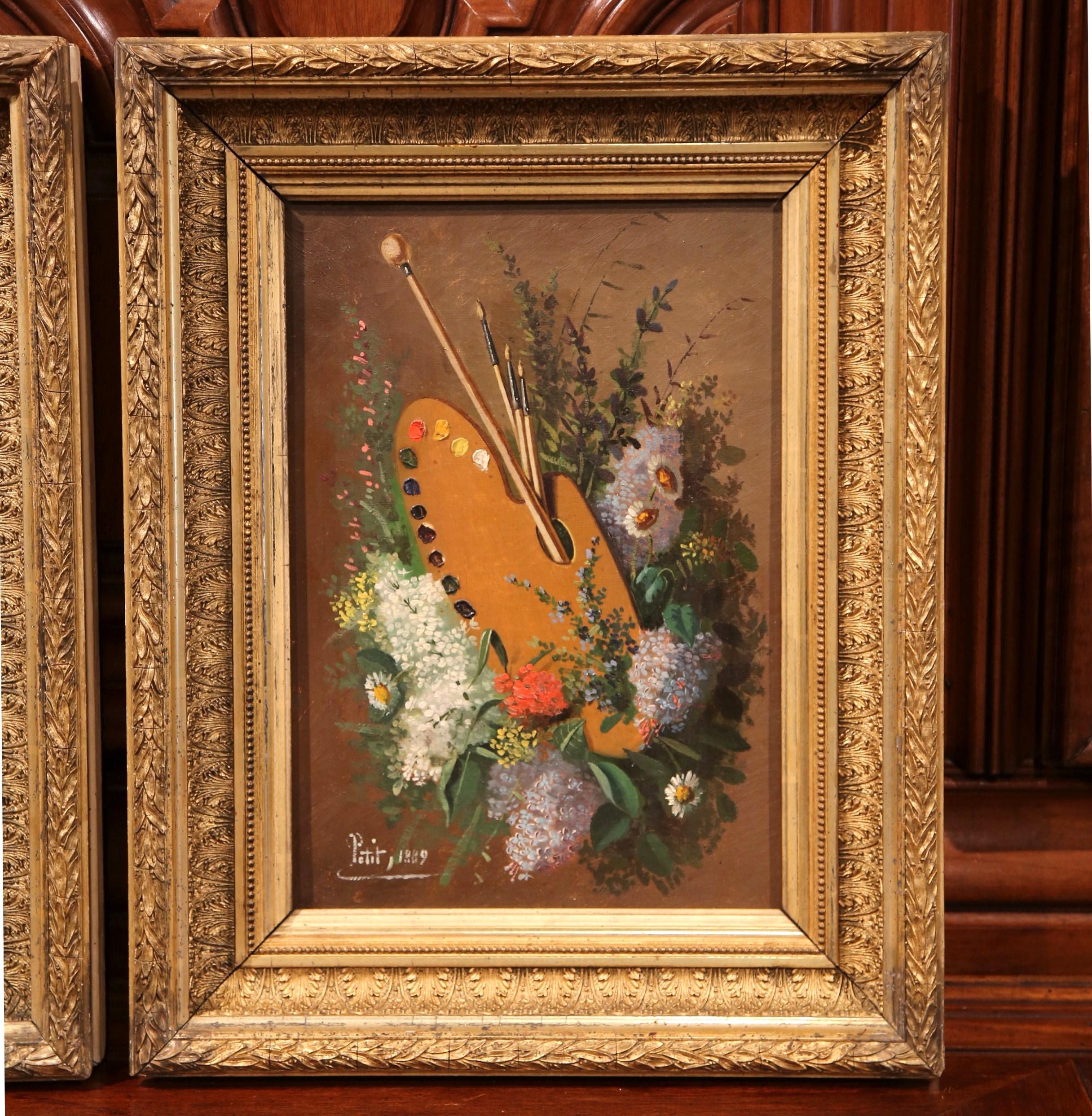 French Pair of 19th Century Still Life Paintings in Gilt Frames Signed Petit, 1889
