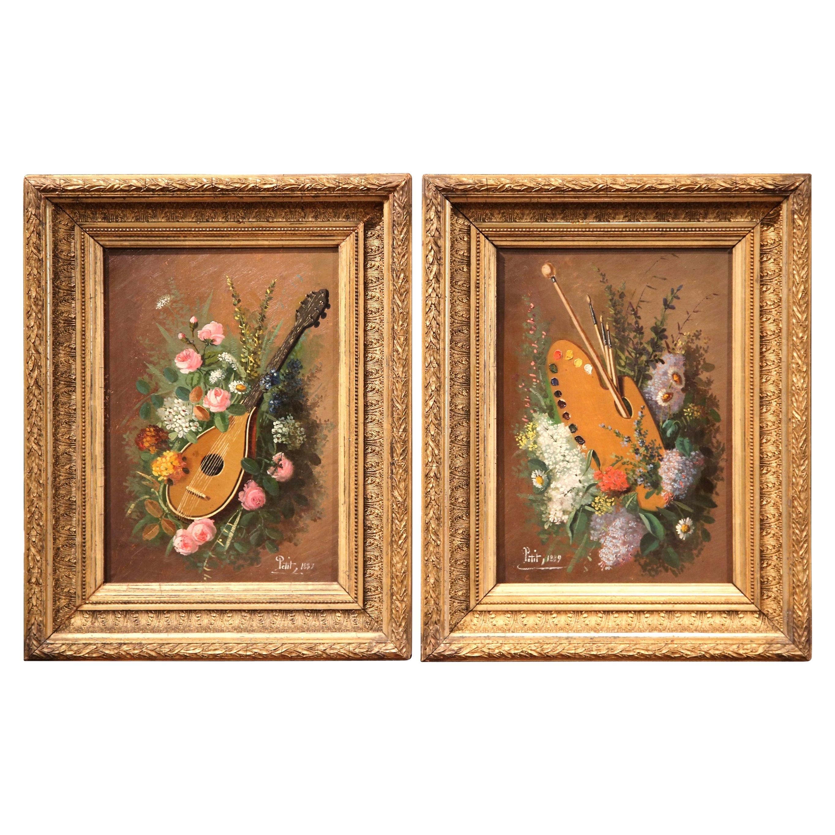 Pair of 19th Century Still Life Paintings in Gilt Frames Signed Petit, 1889