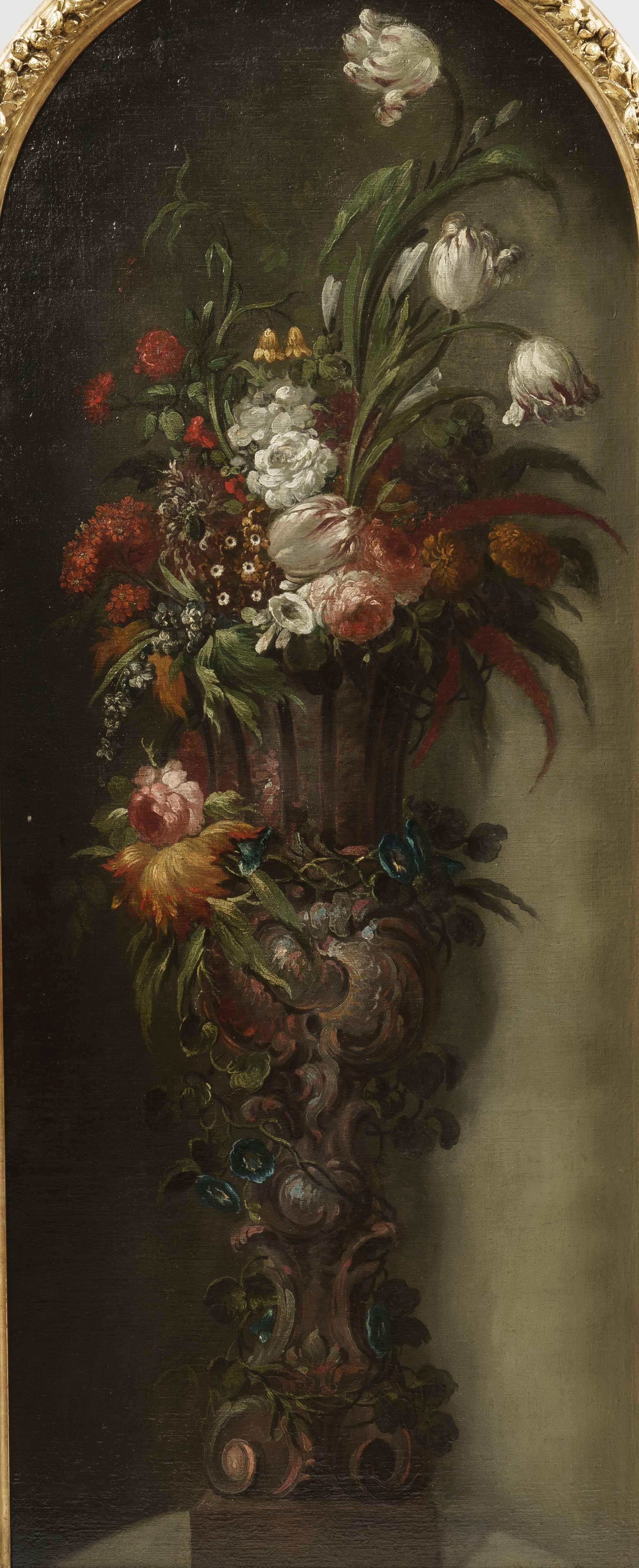 Canvas Pair of 19th Century Still-Life Paintings of Flower Bouquets in Vases