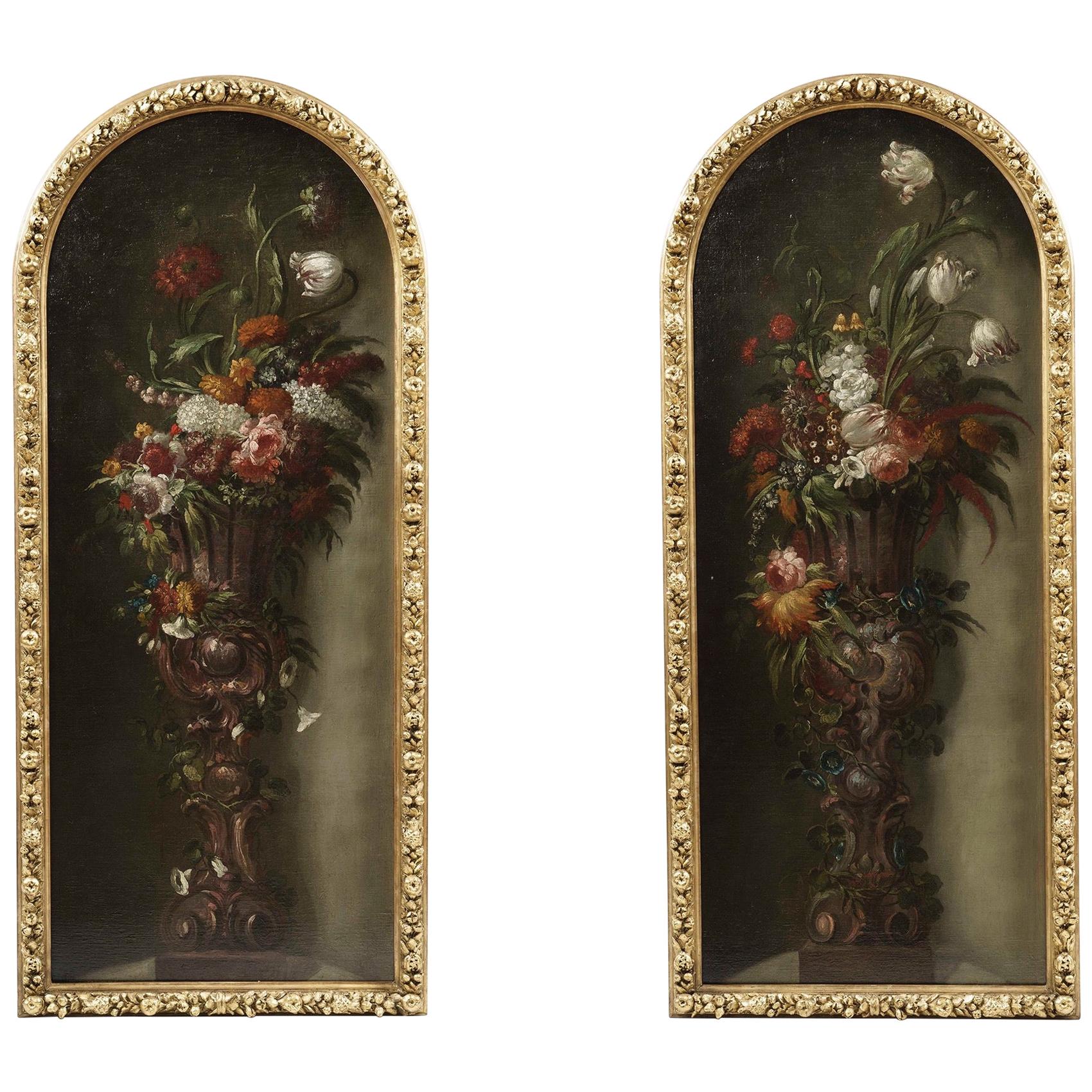 Pair of 19th Century Still-Life Paintings of Flower Bouquets in Vases