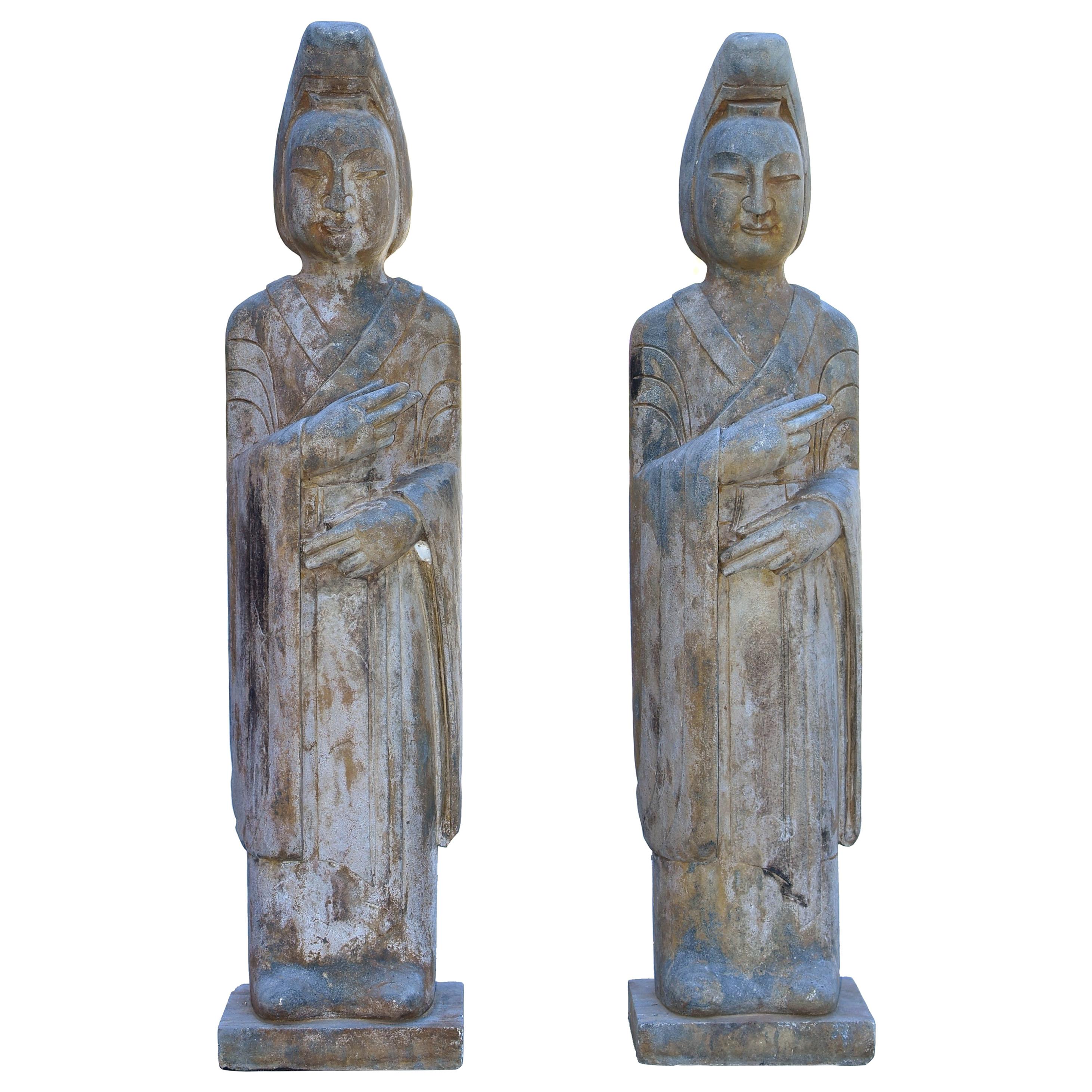 Pair of Vintage Stone Court Lady Statues