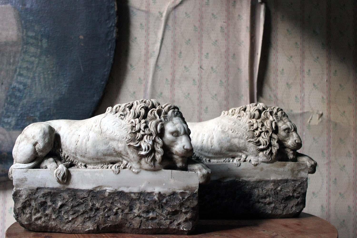Italian Pair of 19th Century Stone Lions; after Antonio Canova