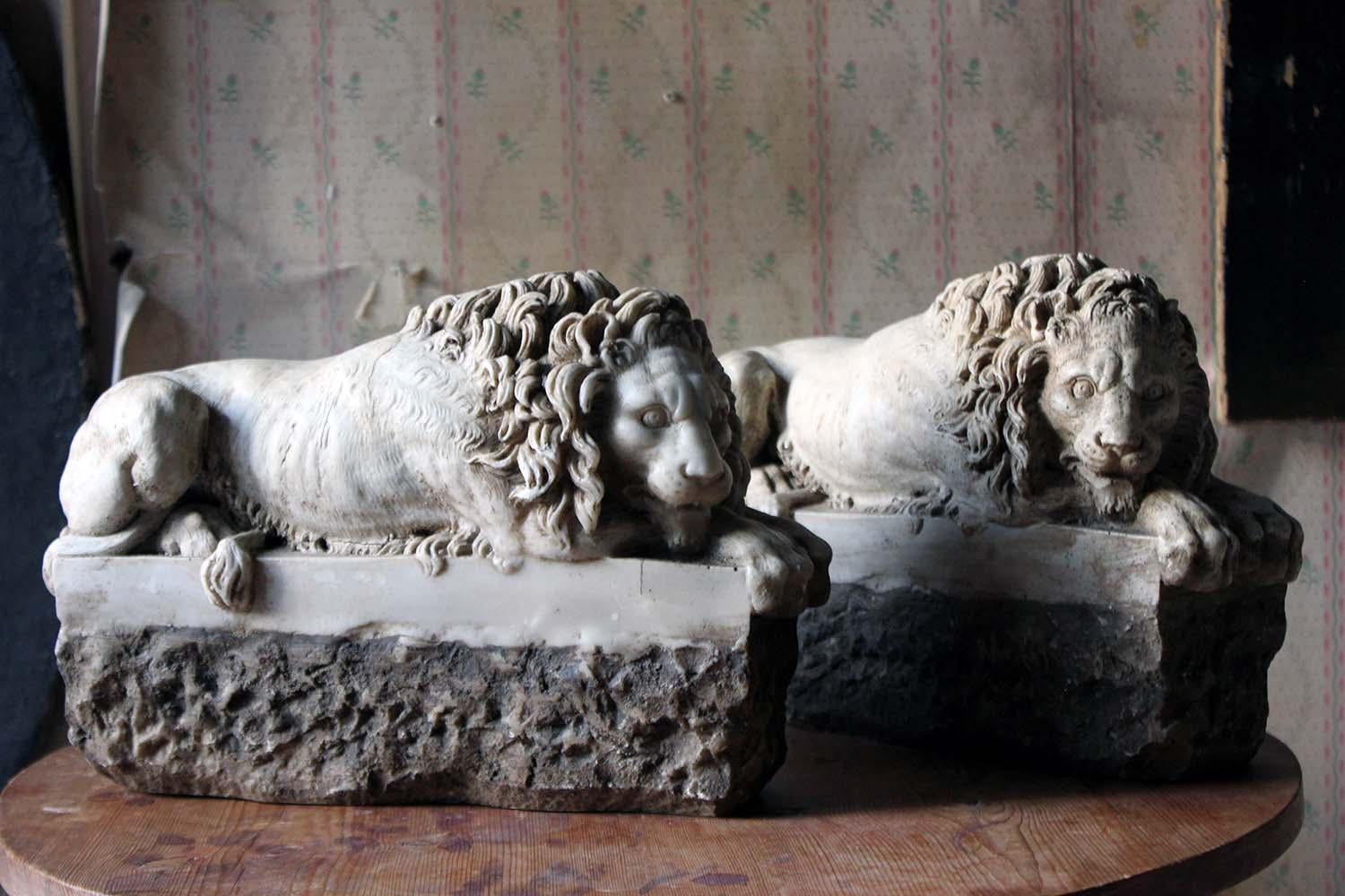 Cast Stone Pair of 19th Century Stone Lions; after Antonio Canova