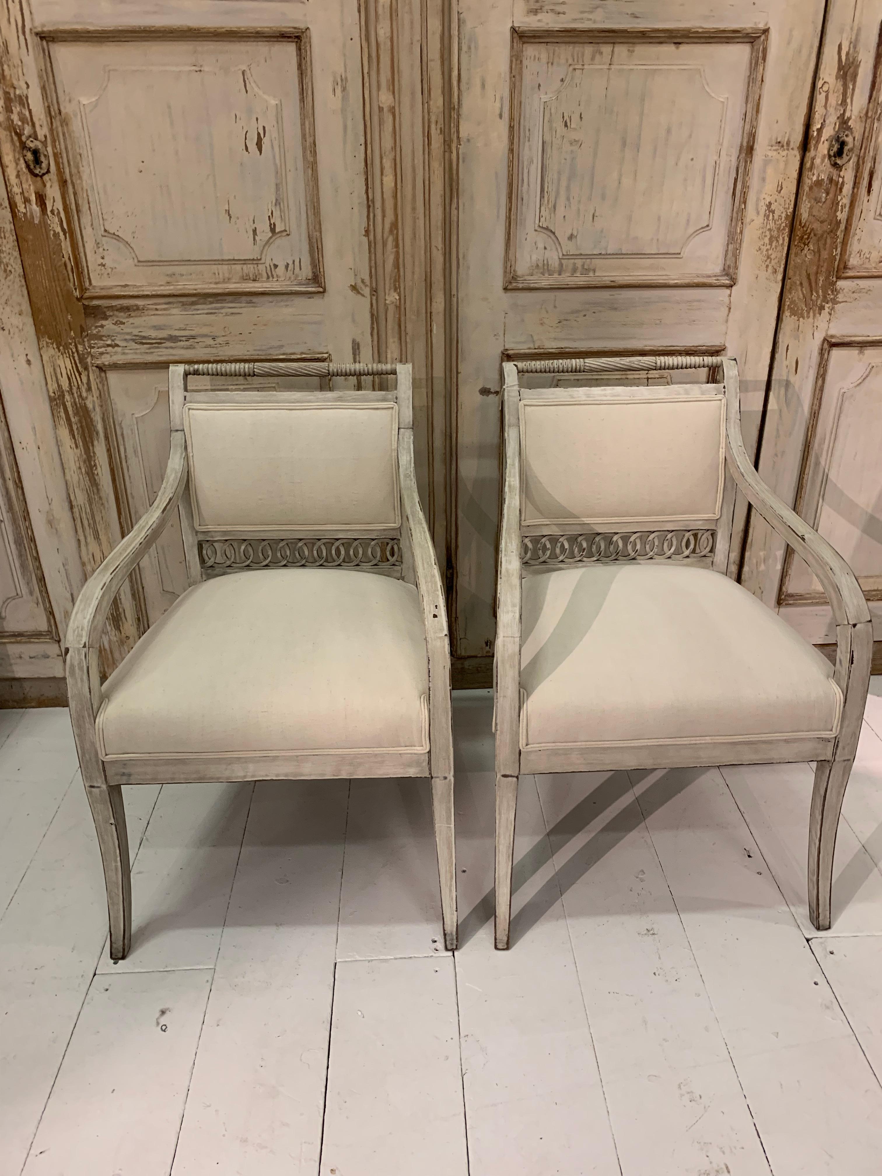 Empire Pair of 19th Century Swedish Armchairs with Fretwork Detailing to Their Back S For Sale