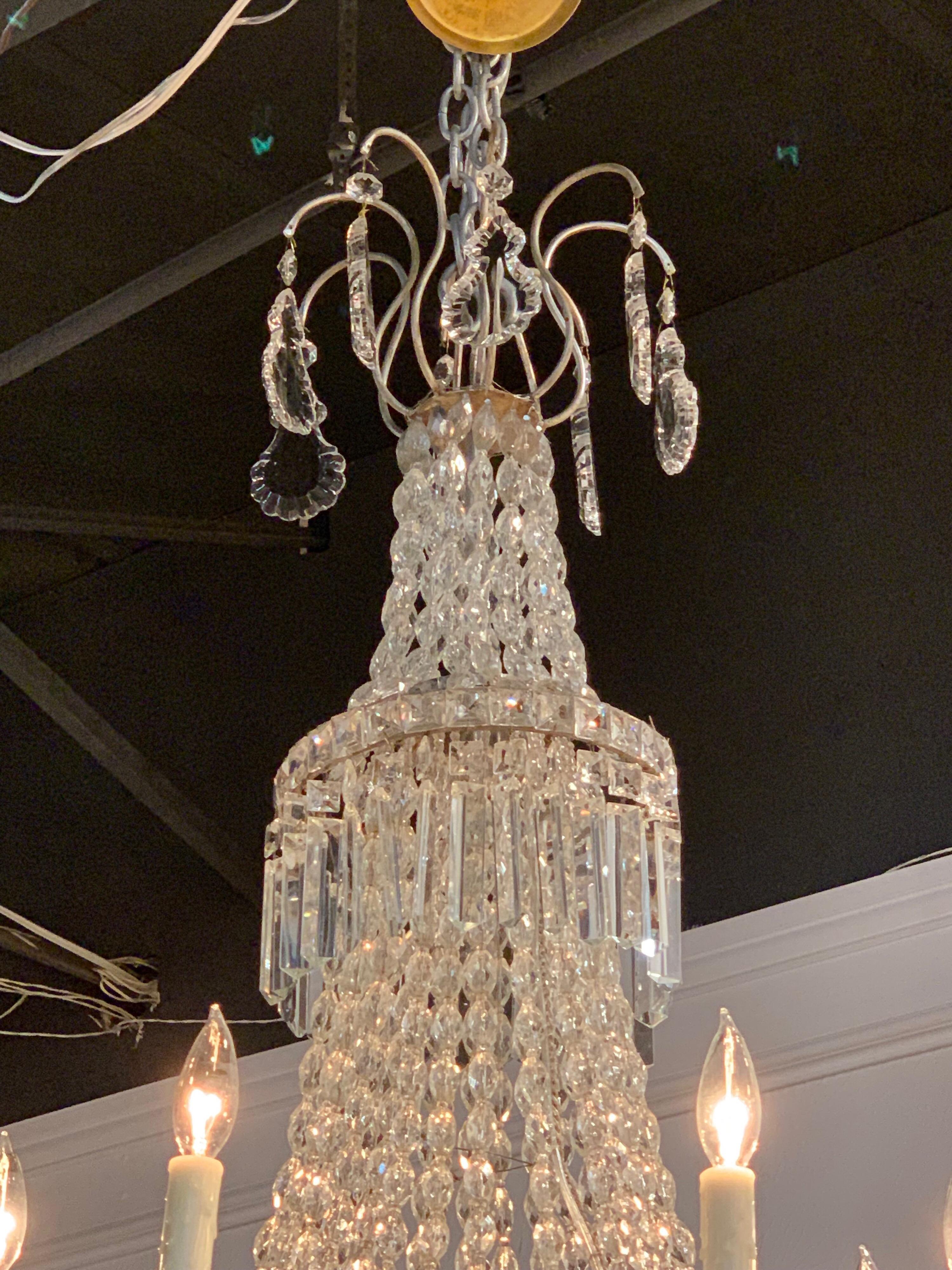 Gorgeous pair of 19th century basket form chandeliers from Sweden with 7 lights. These have beautiful beaded crystals and prisms. Very elegant! They come with a decorative chain and canopy, ready to hang.