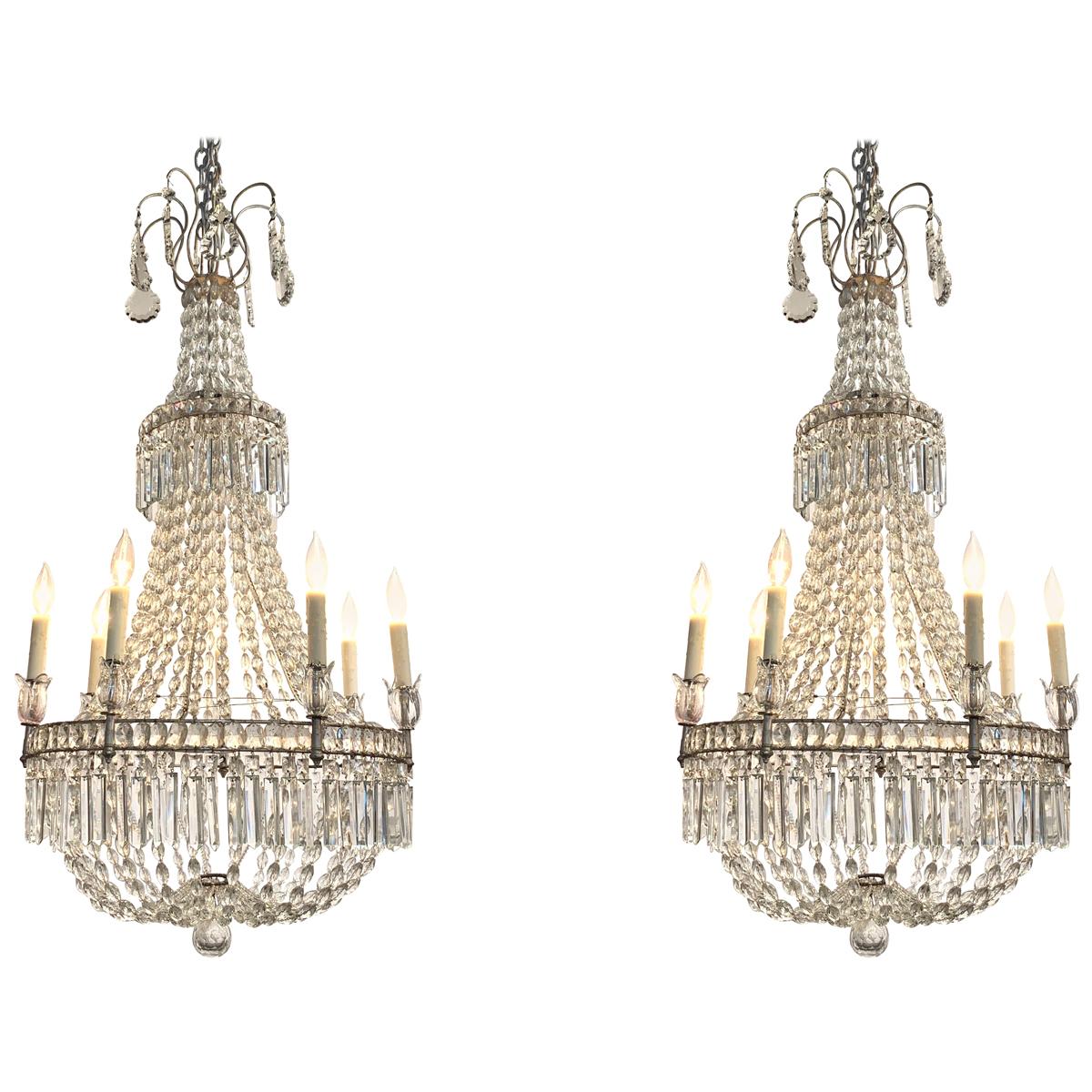 Pair of 19th Century Swedish Beaded Crystal Basket Form Chandeliers