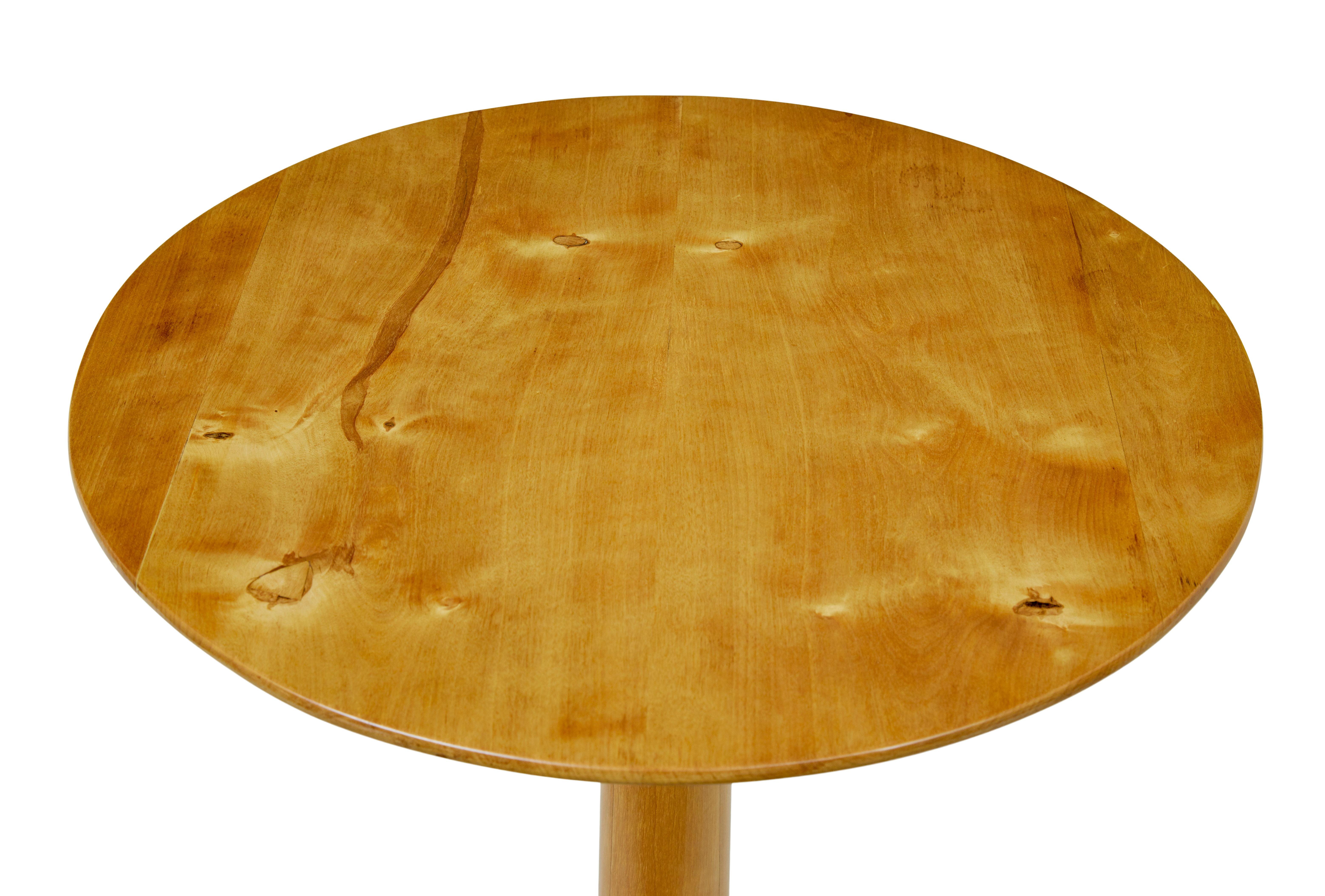 Pair of 19th century Swedish birch lamp tables circa 1895.

We are pleased to offer this elegant pair of Swedish side tables, which have been fully restored in our workshop and hand re-polished.

Circular tops which allow the natural grain of the