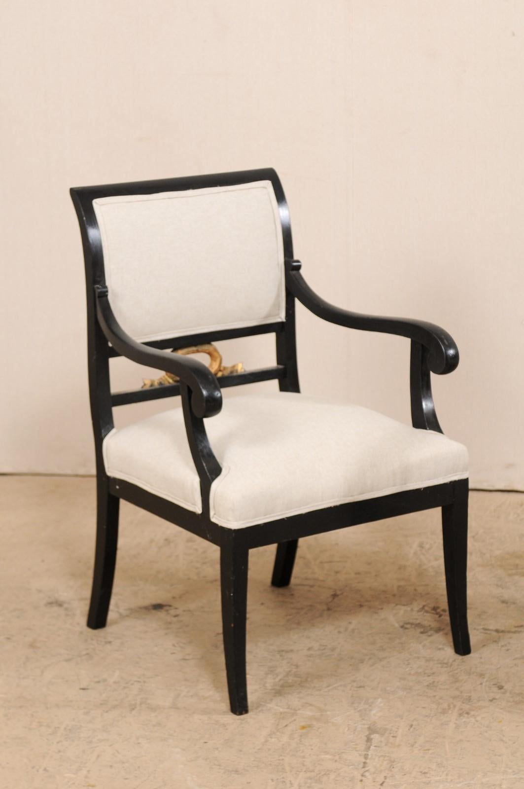 Carved Pair of Swedish Empire Armchairs in Black w/Gold Accents from the Mid-19th C. For Sale