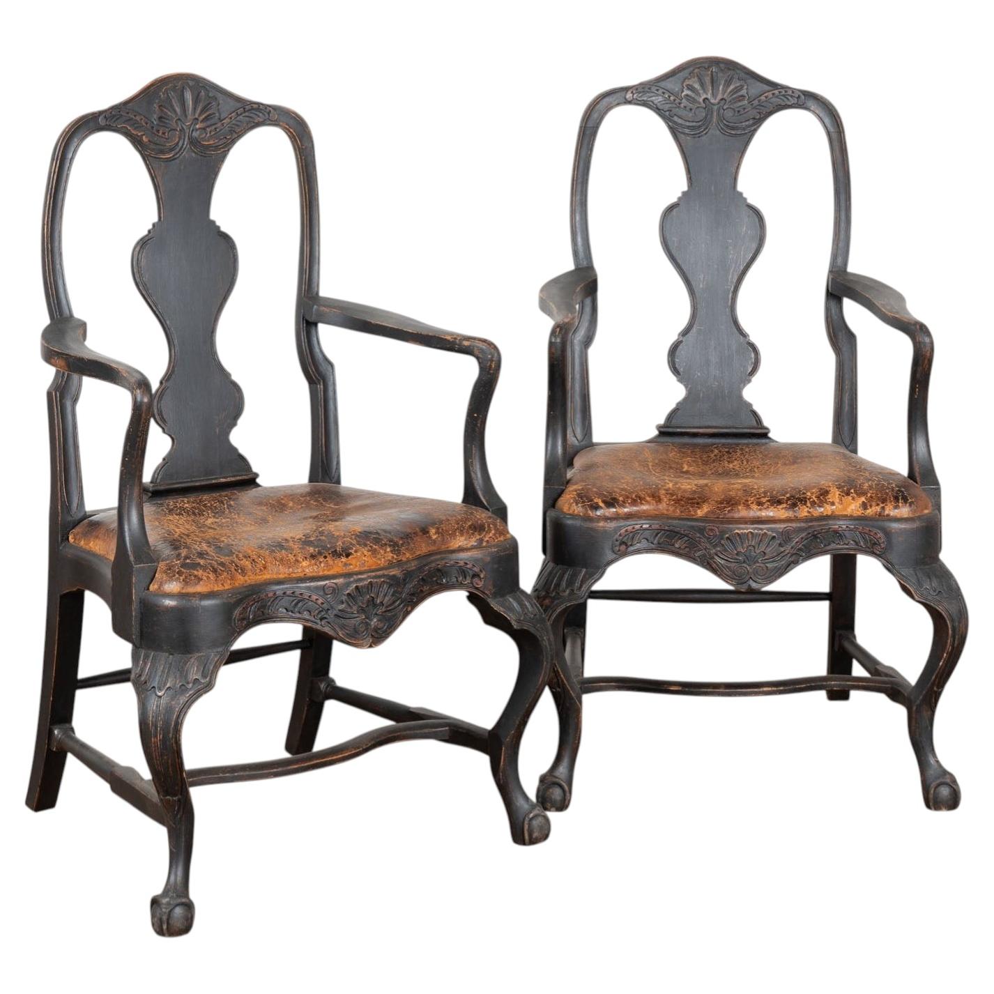 Pair of 19th Century Swedish Black Rococo Armchairs