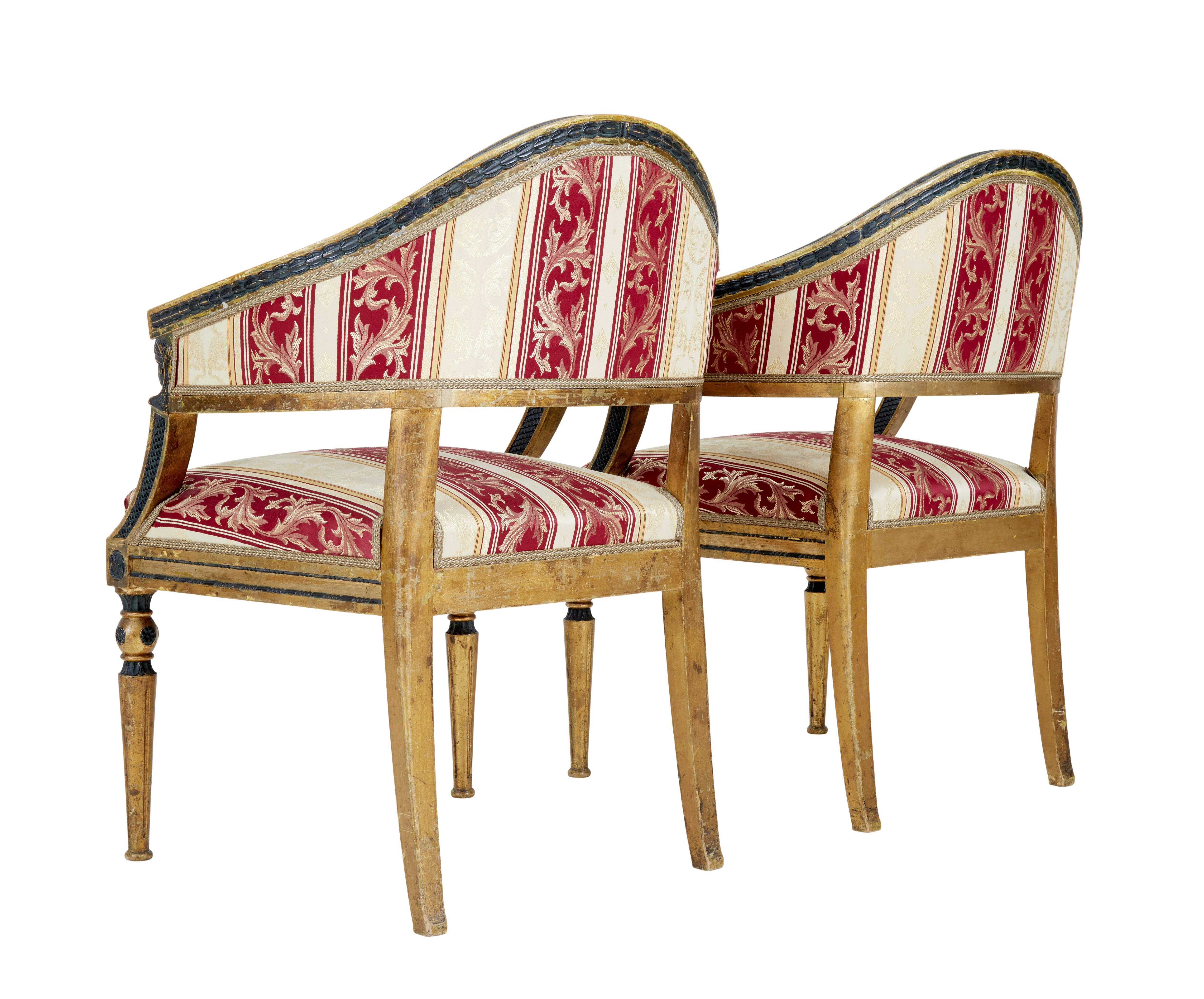 Gustavian Pair of 19th century Swedish carved gilt armchairs For Sale