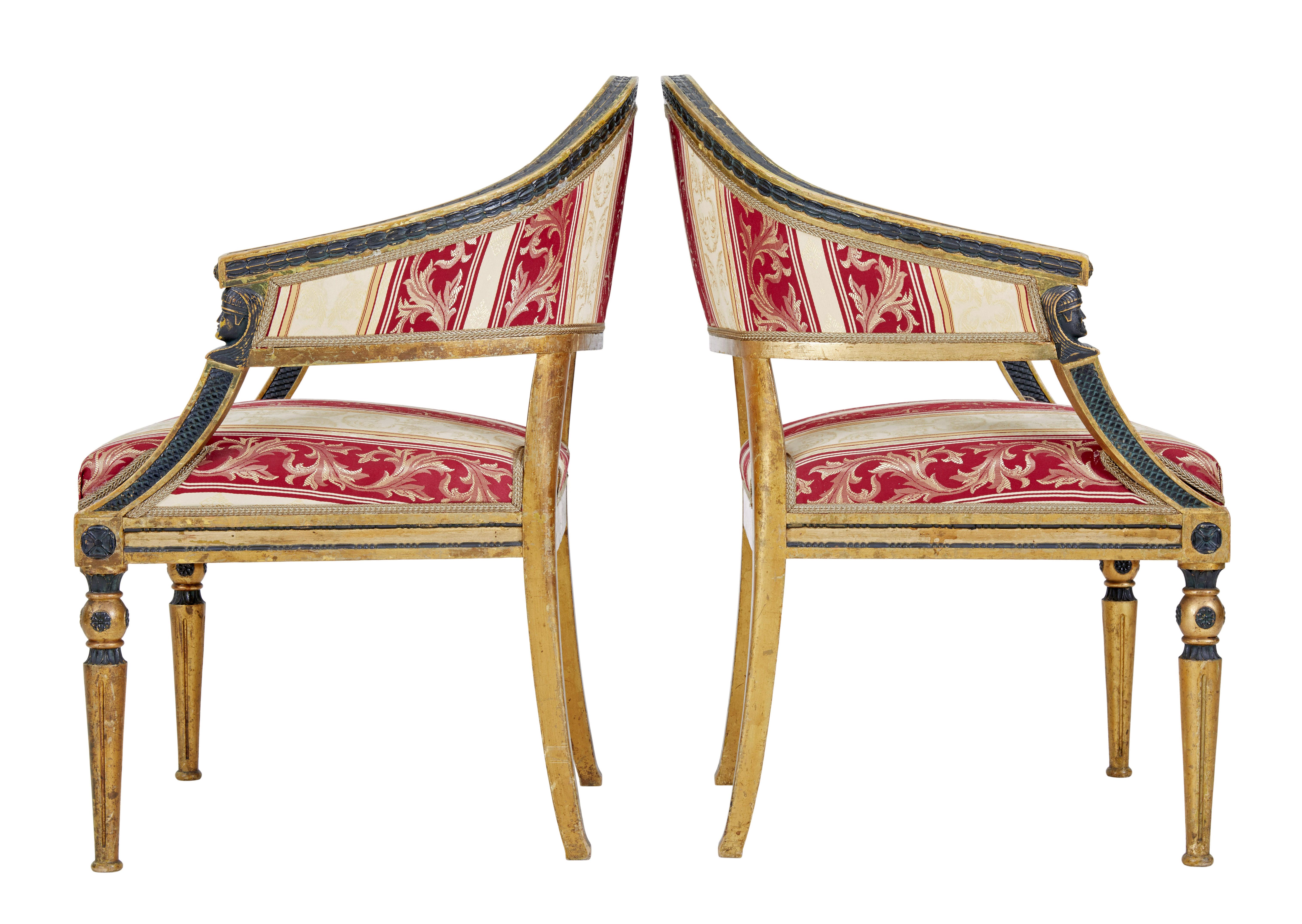 Pair of 19th century Swedish carved gilt armchairs In Good Condition For Sale In Debenham, Suffolk