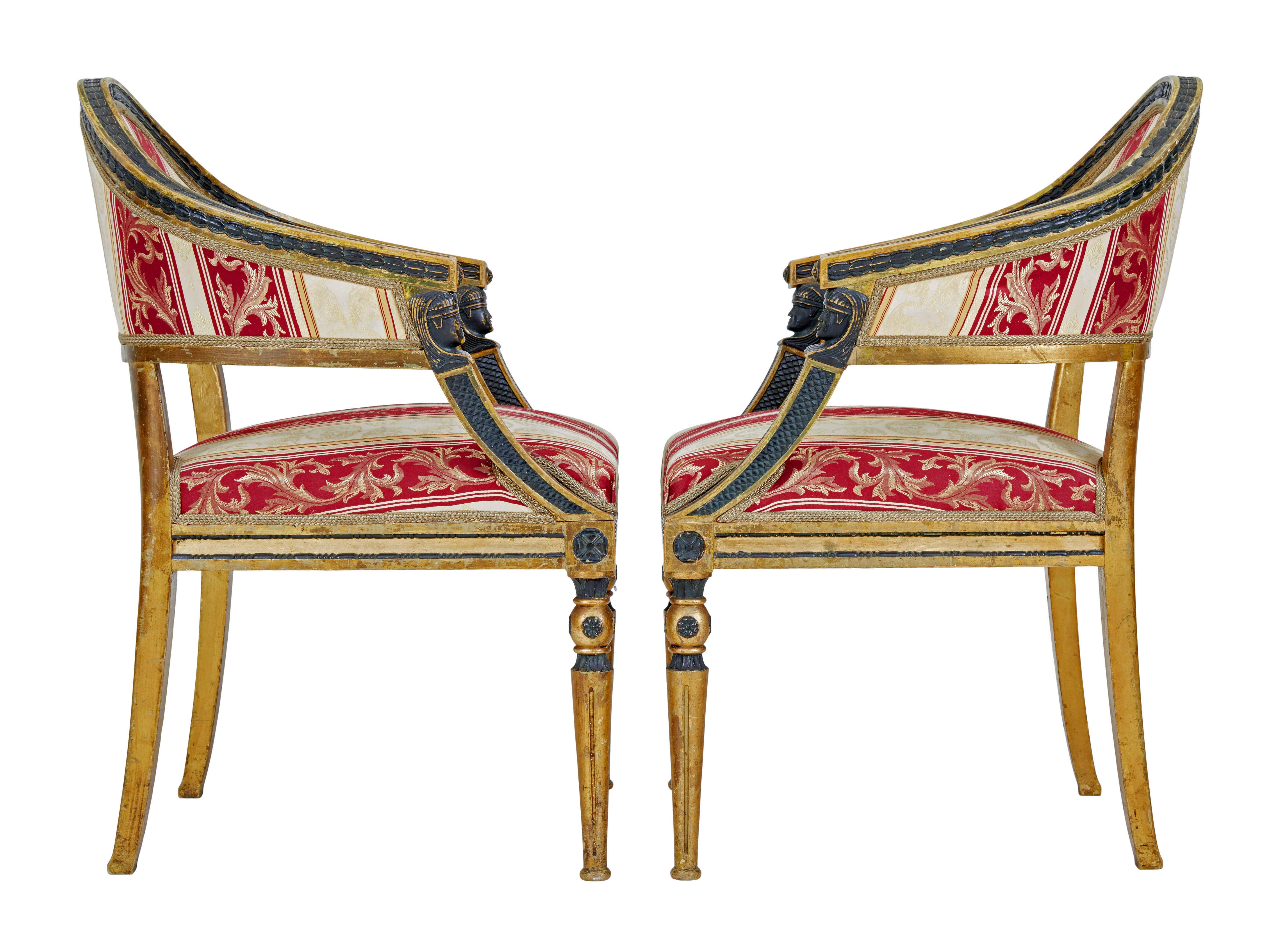 Coppia di poltrone svedesi intagliate e dorate del XIX secolo In condizioni buone in vendita a Debenham, Suffolk