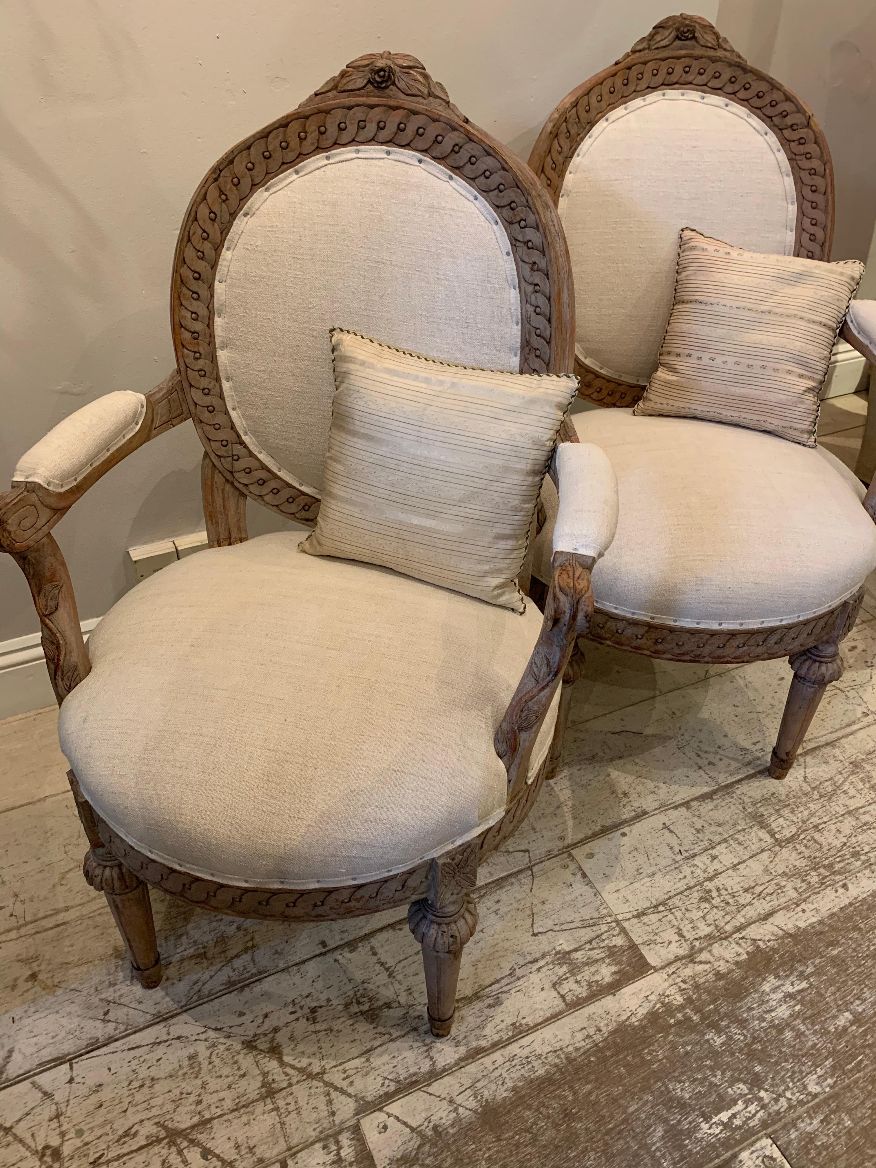 Pair of 19th Century Swedish Decorative Armchairs with French Linen Fabric 6