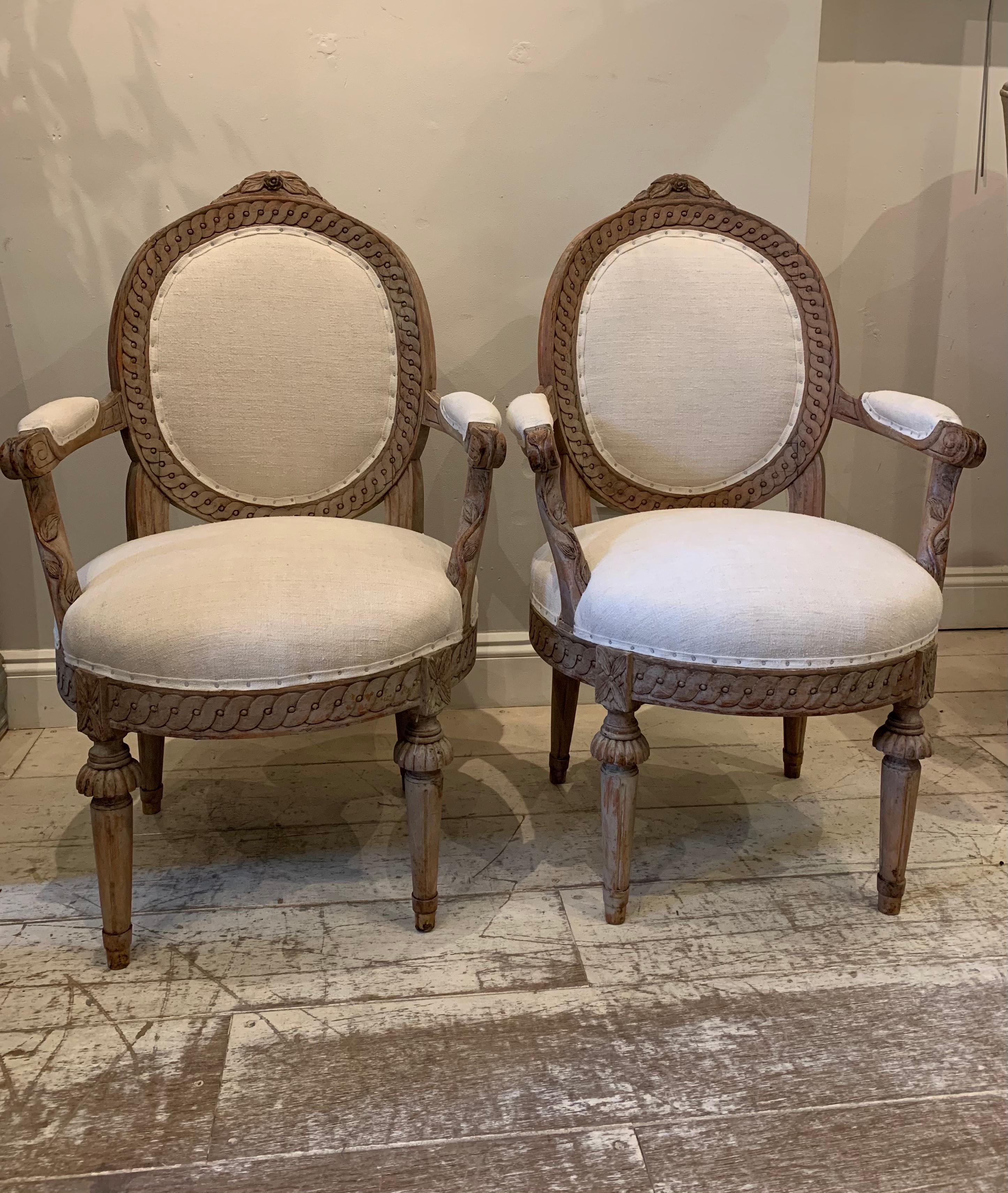 Gustavian Pair of 19th Century Swedish Decorative Armchairs with French Linen Fabric
