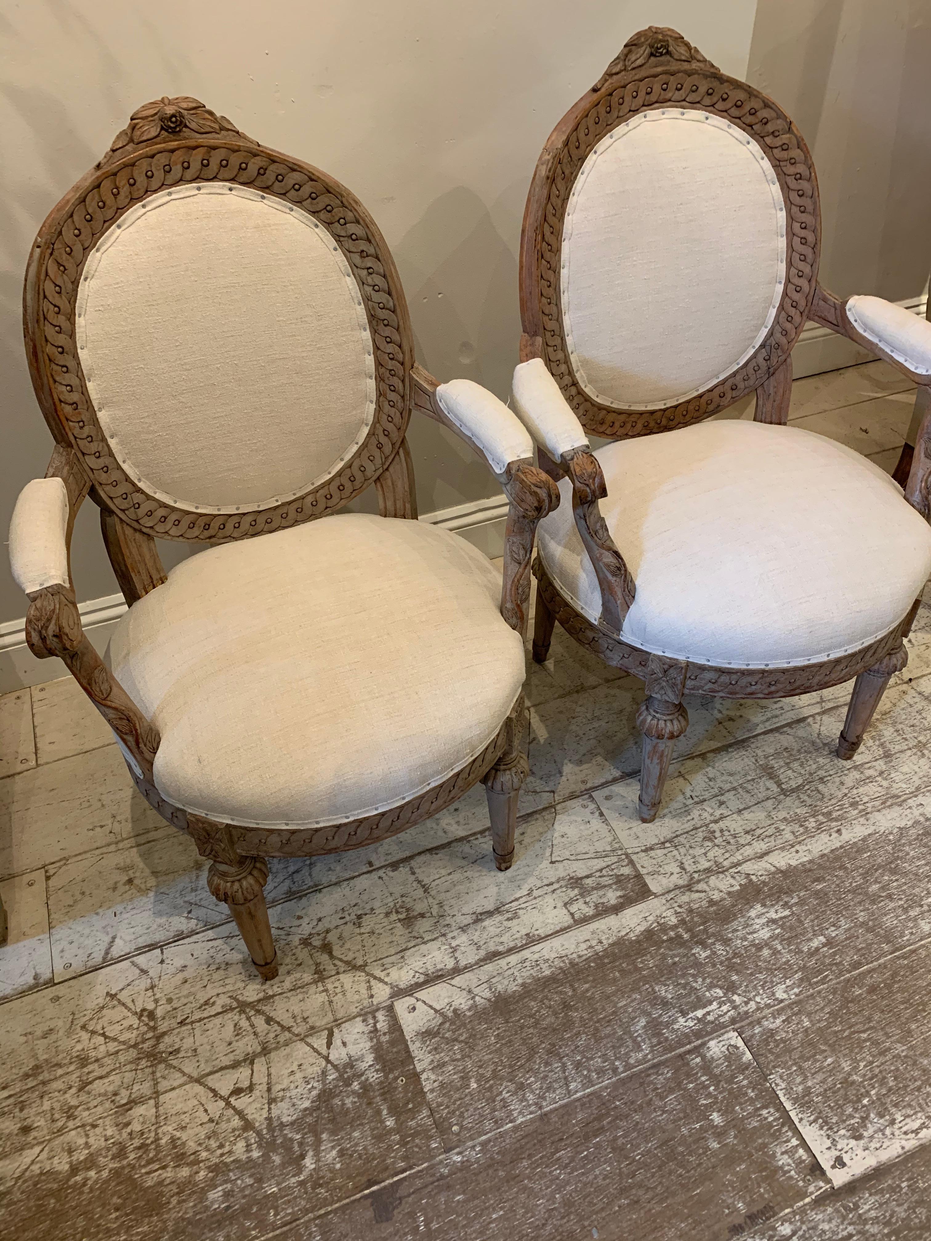 Carved Pair of 19th Century Swedish Decorative Armchairs with French Linen Fabric