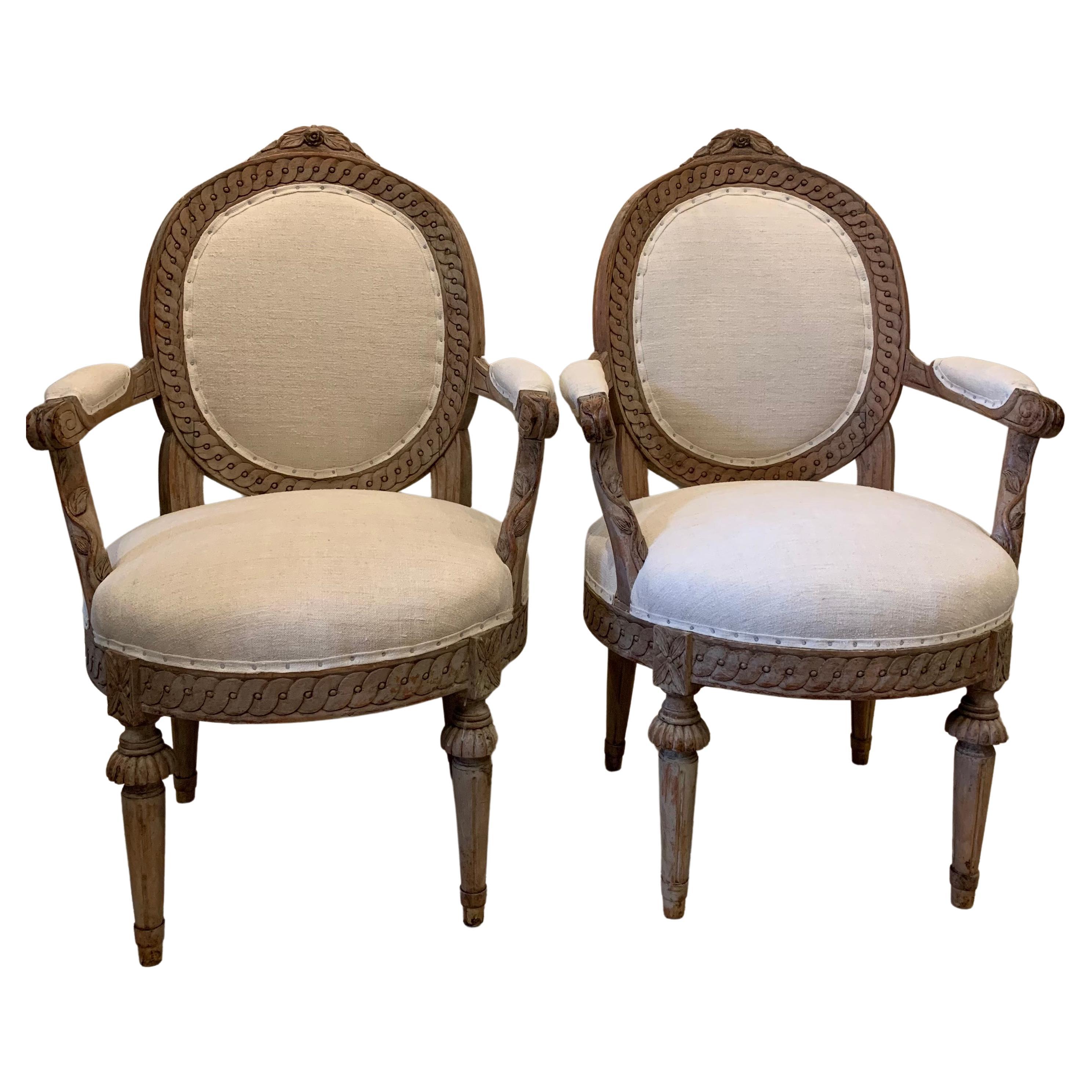Pair of 19th Century Swedish Decorative Armchairs with French Linen Fabric