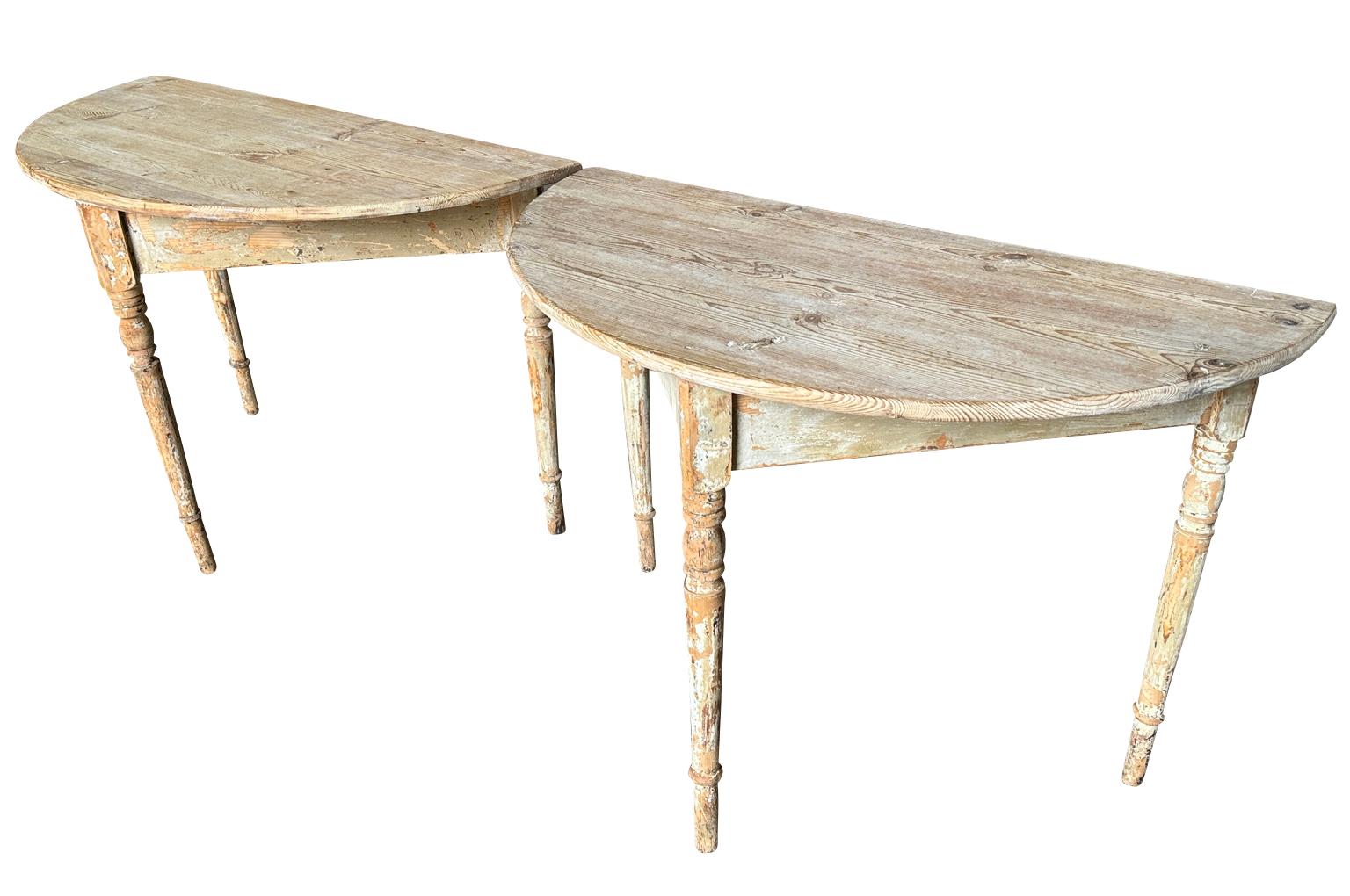 Pine Pair Of 19th Century Swedish Demi Lune Console Tables For Sale