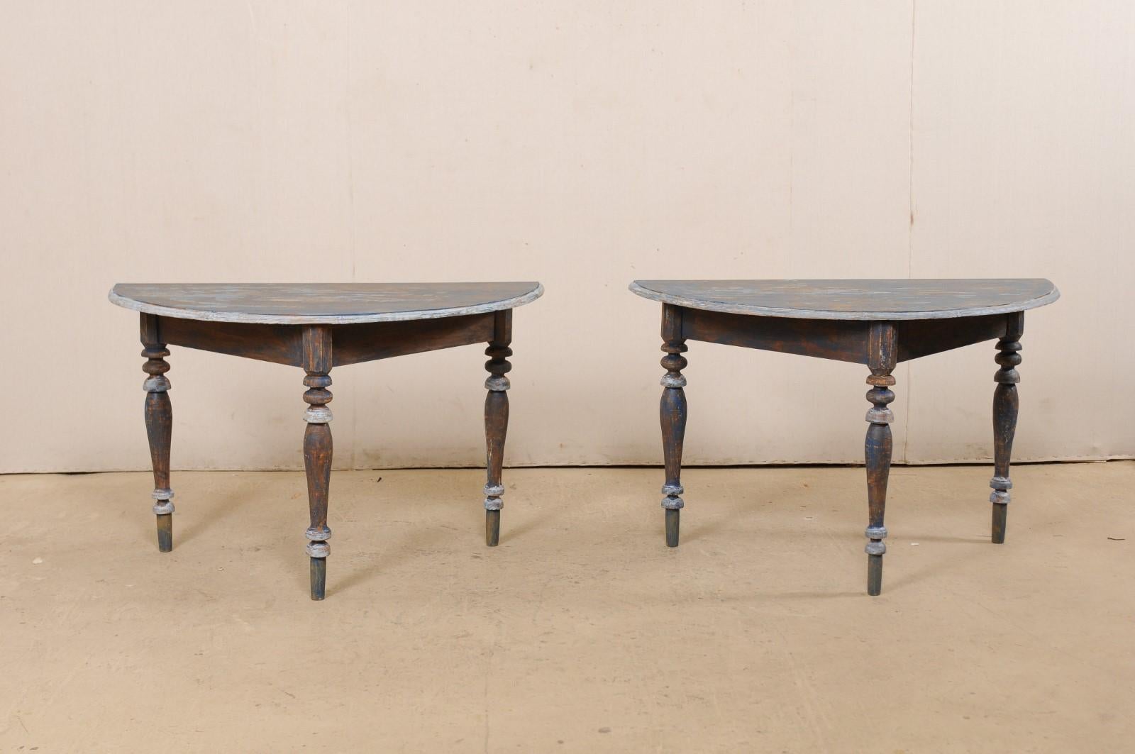 Pair of 19th Century Swedish Demilune Tables with Beautiful Blue Coloring In Good Condition In Atlanta, GA