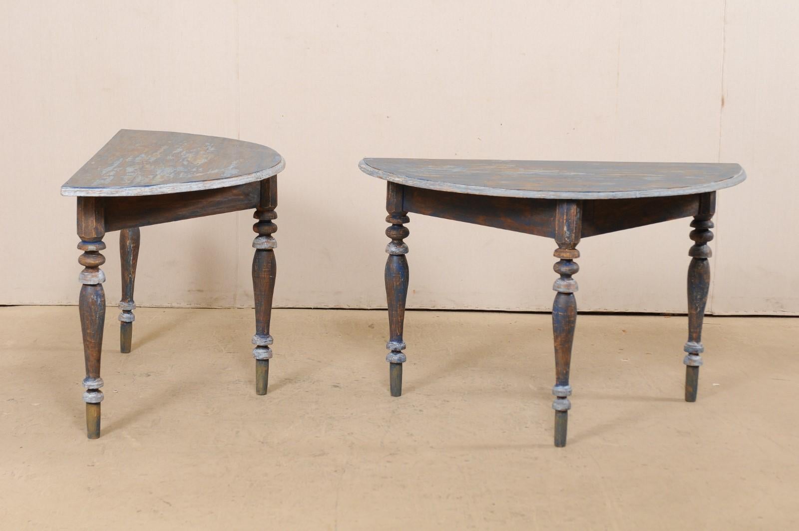 Wood Pair of 19th Century Swedish Demilune Tables with Beautiful Blue Coloring