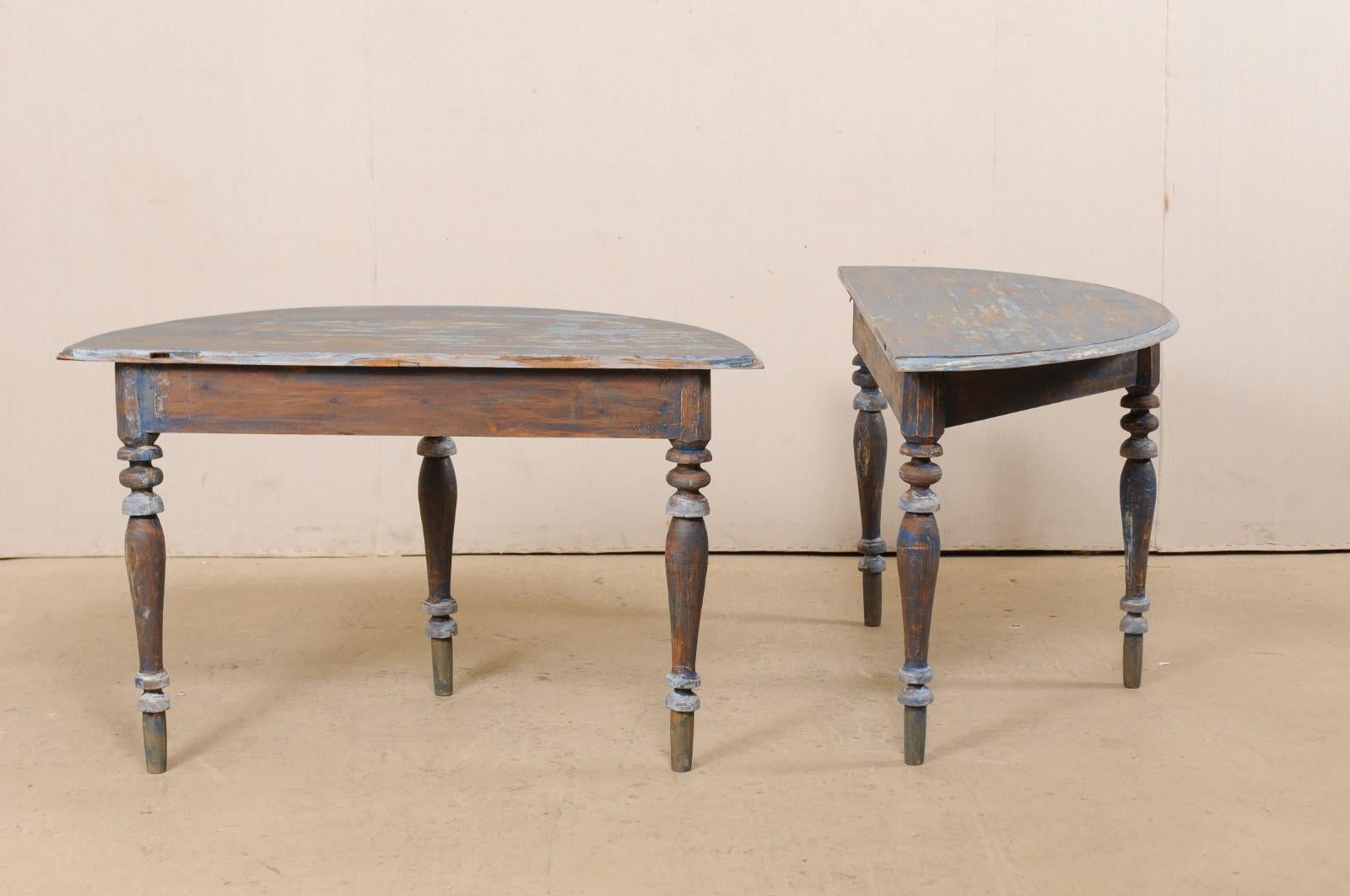 Pair of 19th Century Swedish Demilune Tables with Beautiful Blue Coloring 1