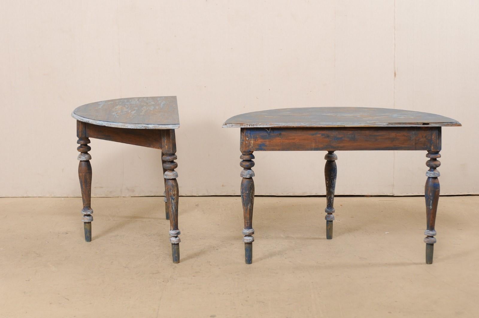 Pair of 19th Century Swedish Demilune Tables with Beautiful Blue Coloring 4