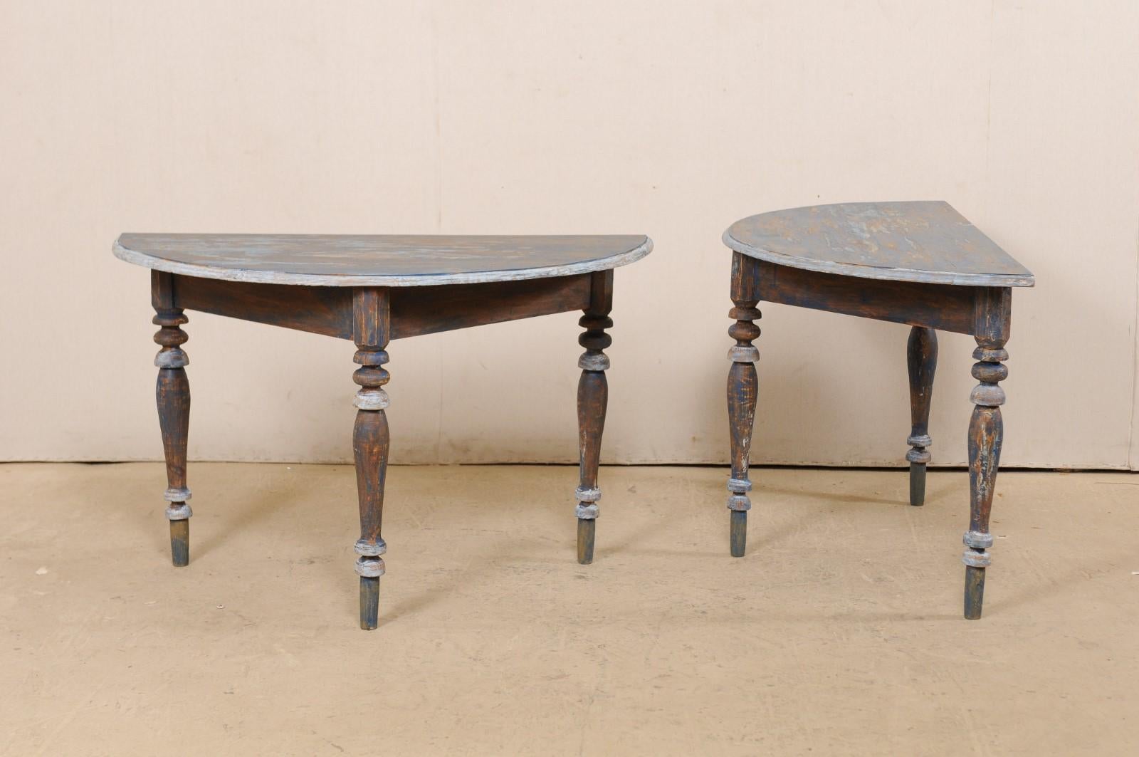 Pair of 19th Century Swedish Demilune Tables with Beautiful Blue Coloring 5