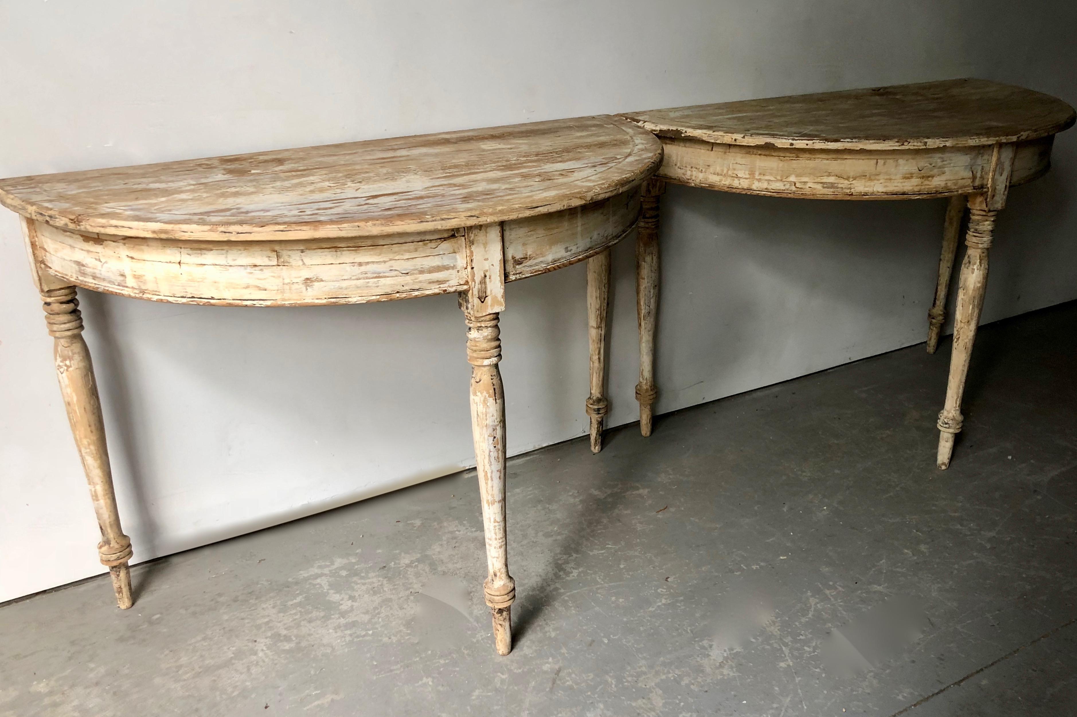 Hand-Carved Pair of 19th Century Swedish Demilune Tables