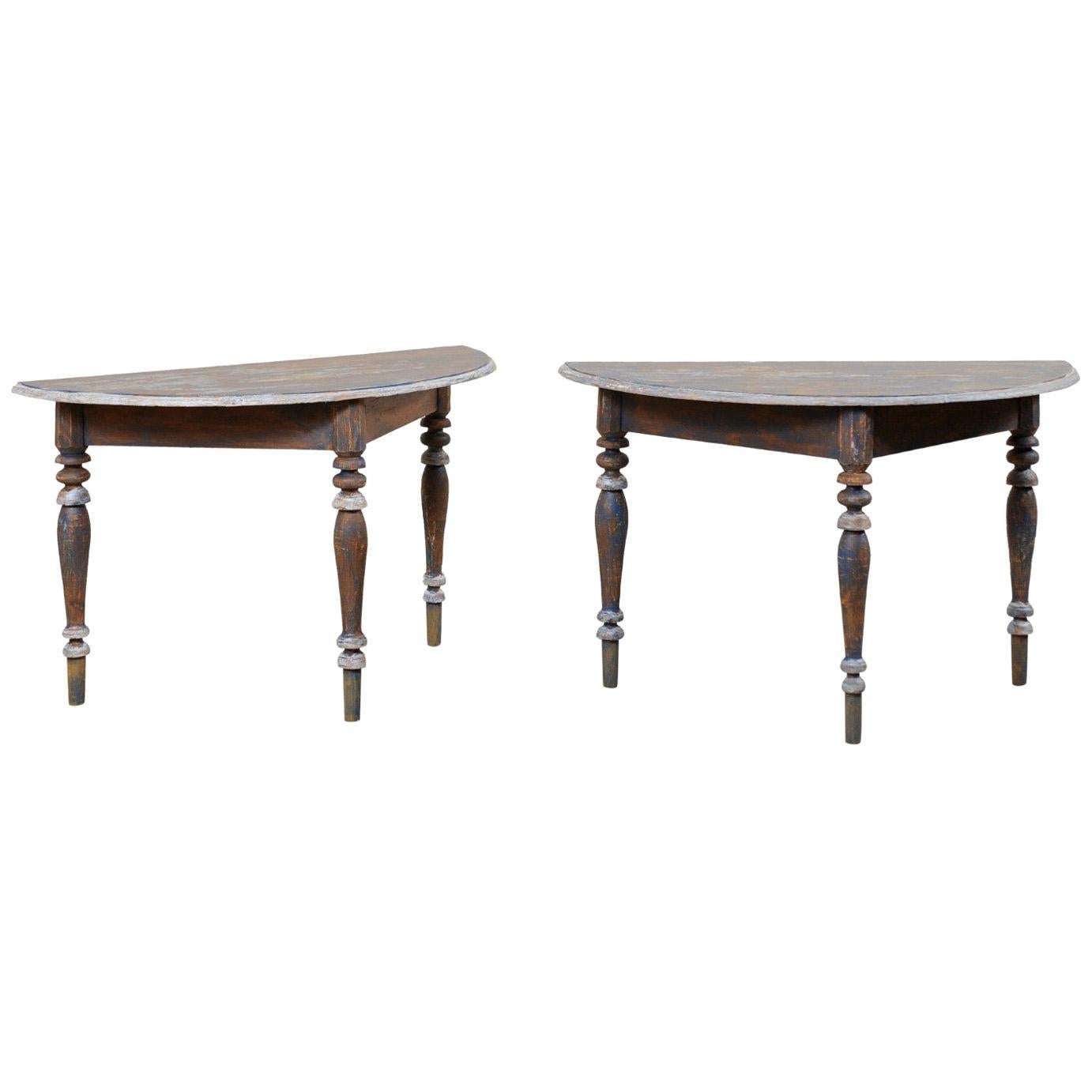 Pair of 19th Century Swedish Demilune Tables with Beautiful Blue Coloring