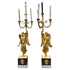 Pair of 19th Century Swedish Empire Ormolu and Marble Winged Victory Candelabra