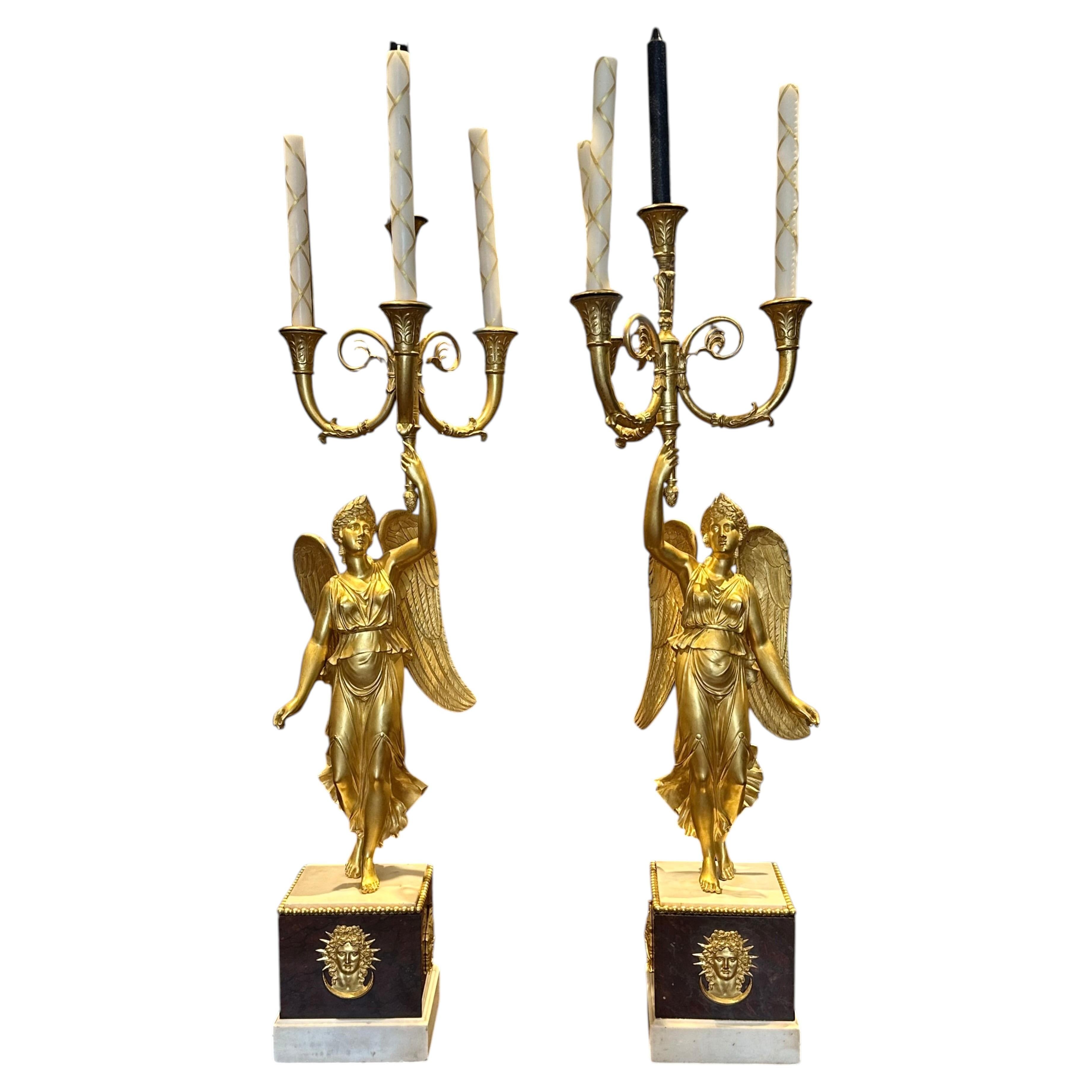 Pair of 19th Century Swedish Empire Ormolu and Marble Winged Victory Candelabra For Sale