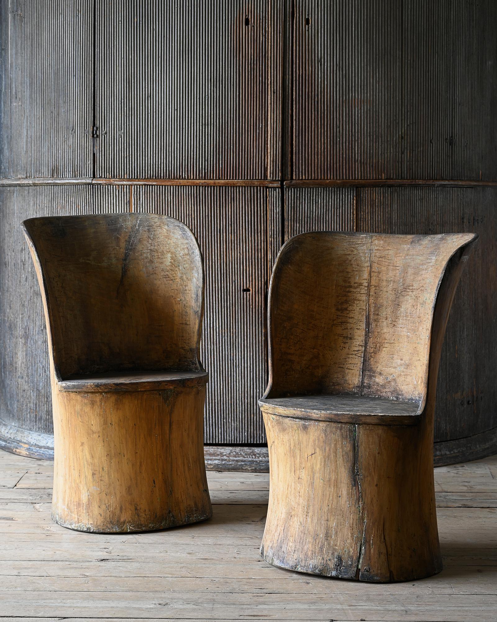 fine and rare pair of 19th century Swedish Folk Art log chairs in their original condition and great proportions and shape, circa 1810 Sweden.