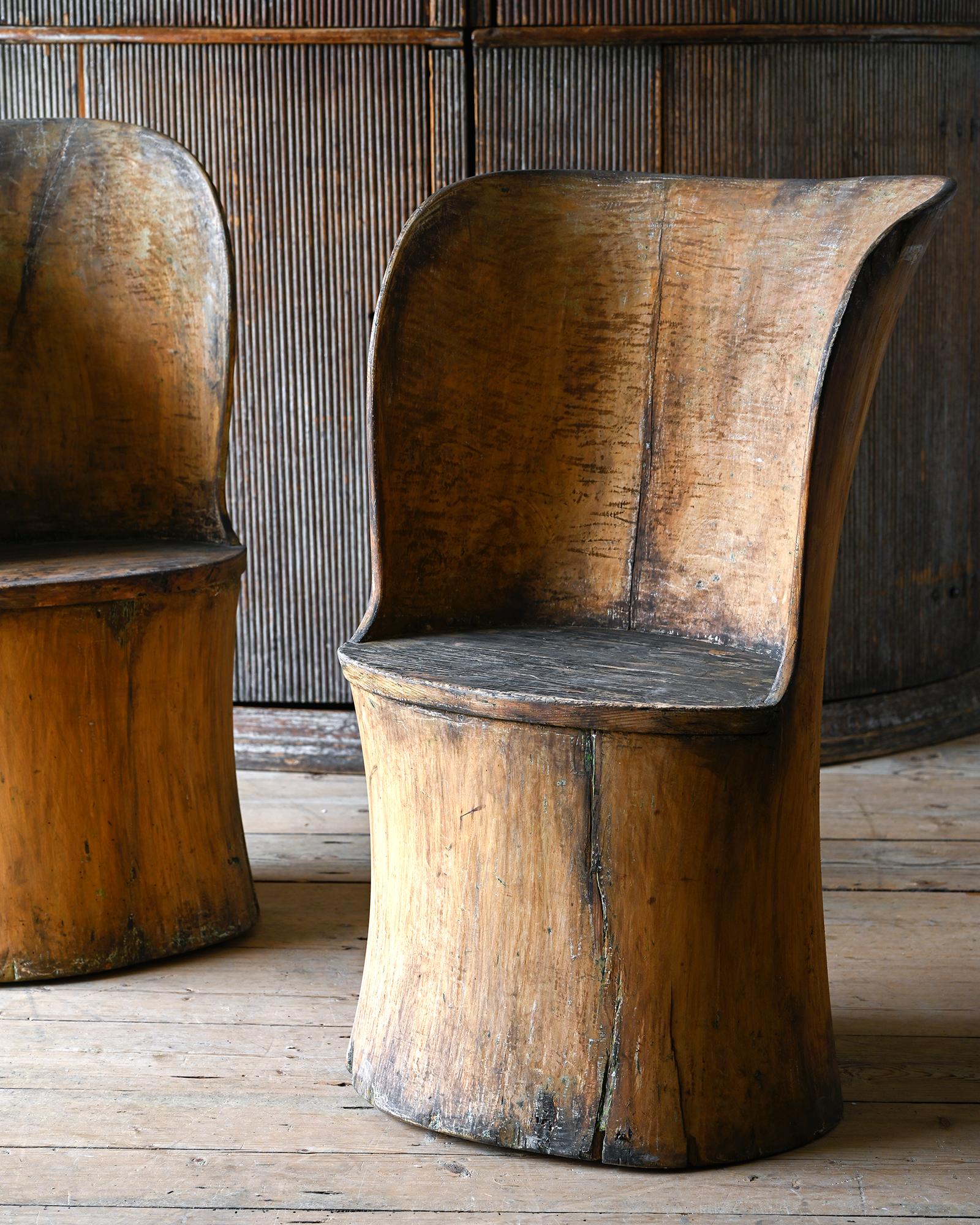 Hand-Carved Pair of 19th Century Swedish Folk Art Log Chairs