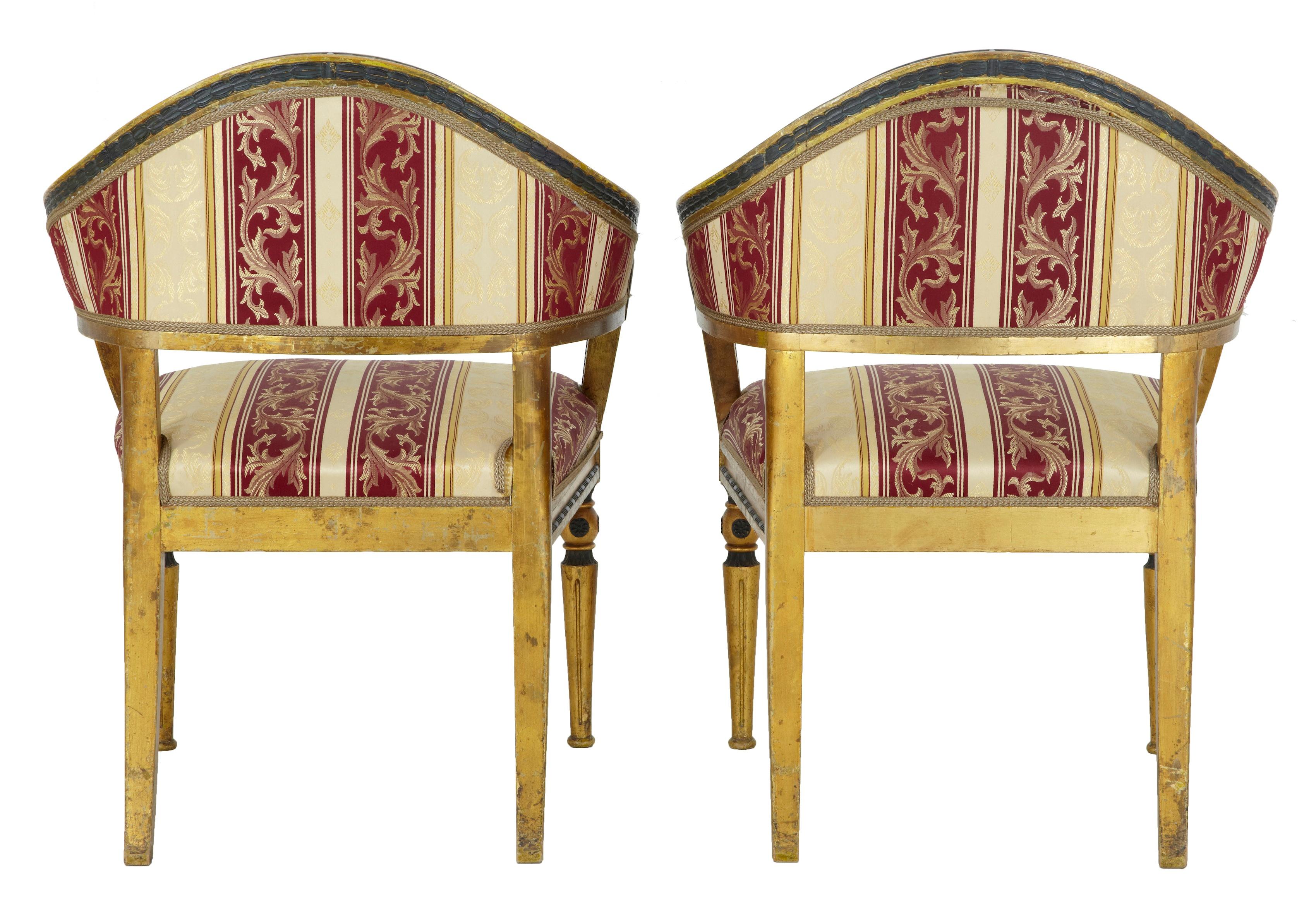 Gustavian Pair of 19th Century Swedish Gilt and Ebonized Armchairs