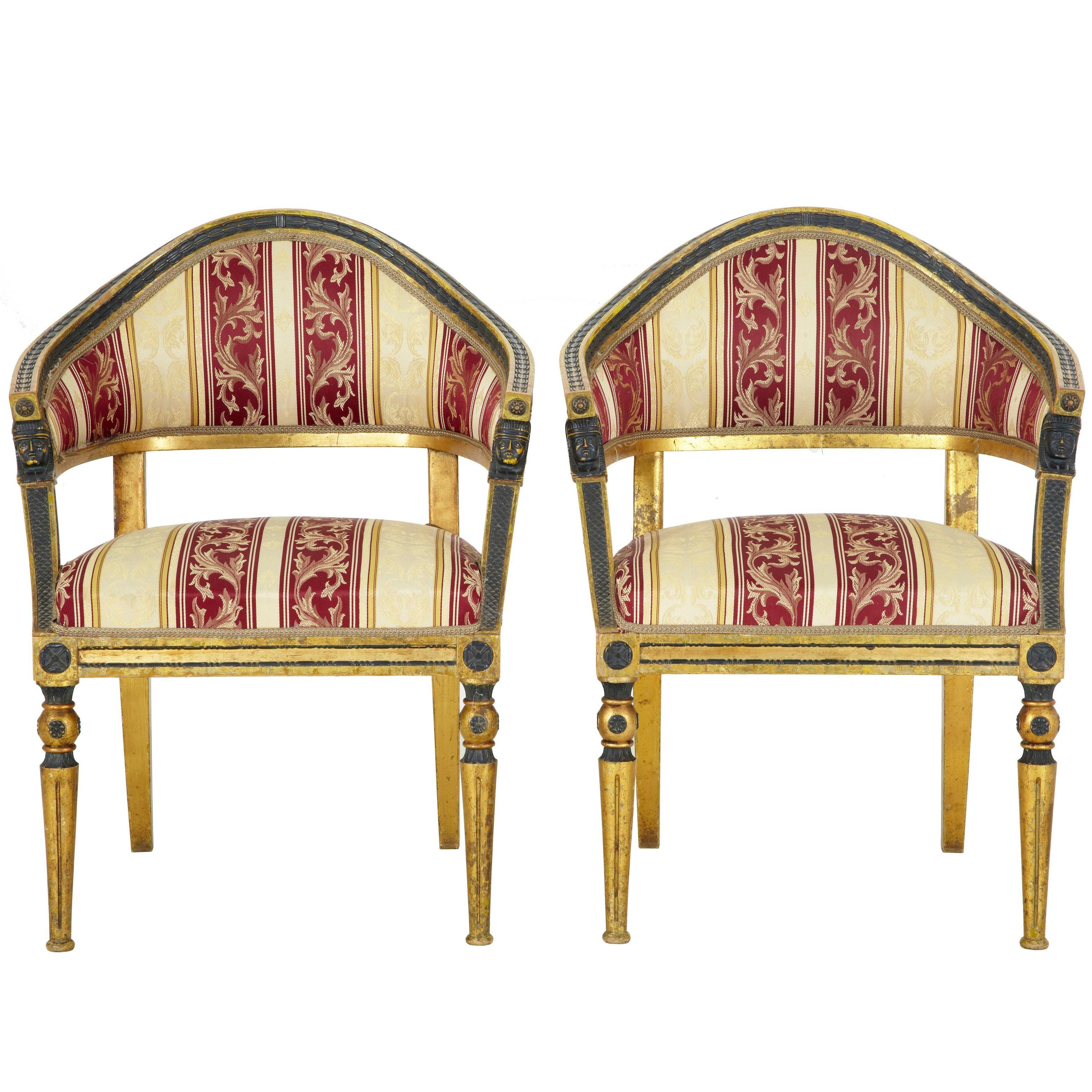 Pair of 19th Century Swedish Gilt and Ebonized Armchairs