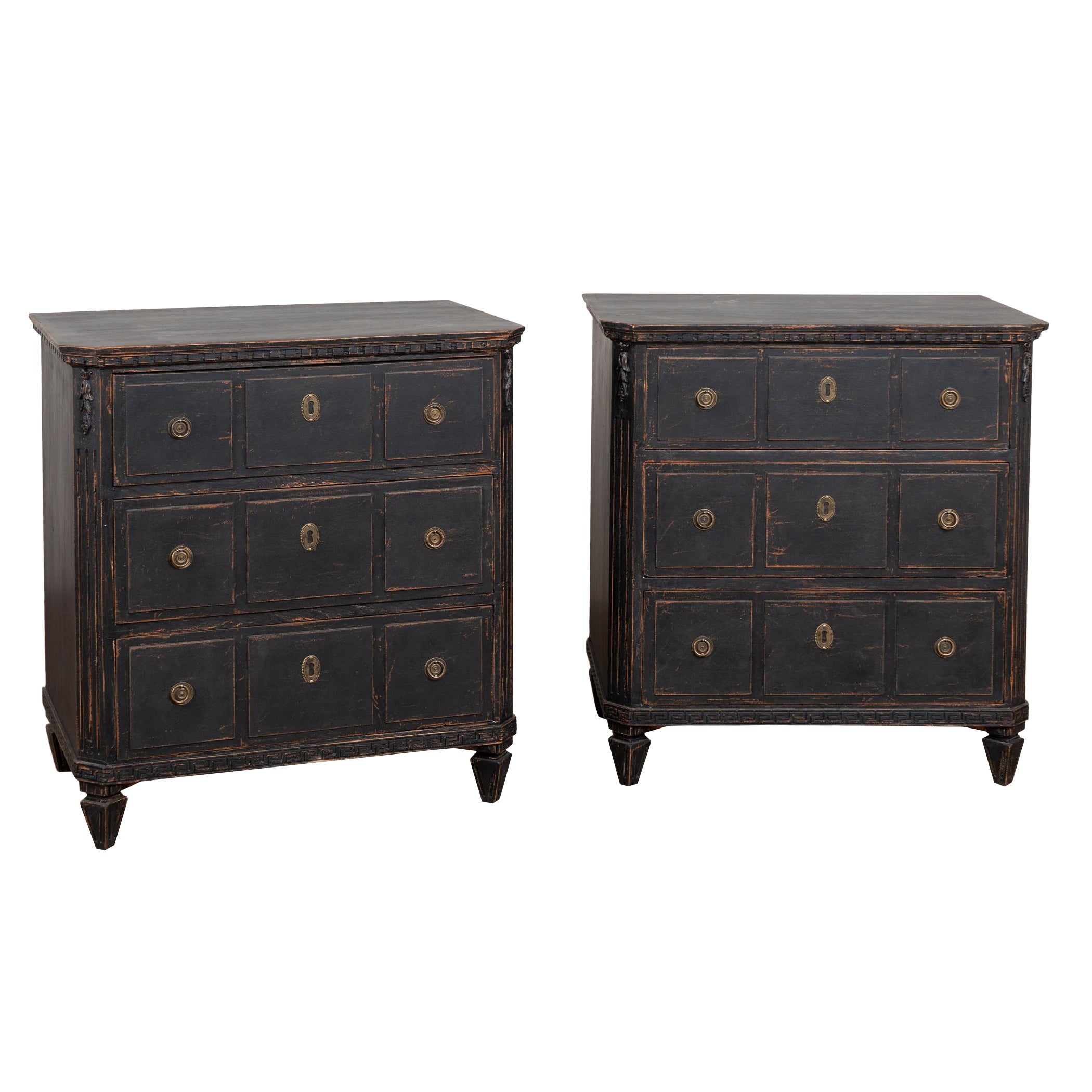 Pair of 19th Century Swedish Gustavian Black Painted Chests of Drawers For Sale
