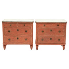 Antique Pair of 19th Century Swedish Gustavian Style Chests in Coral Red