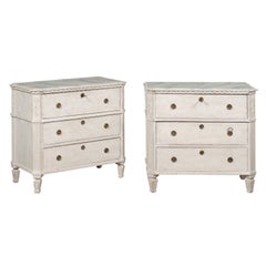 Antique Pair of 19th Century Swedish Gustavian Style Painted Chests with Dentil Molding