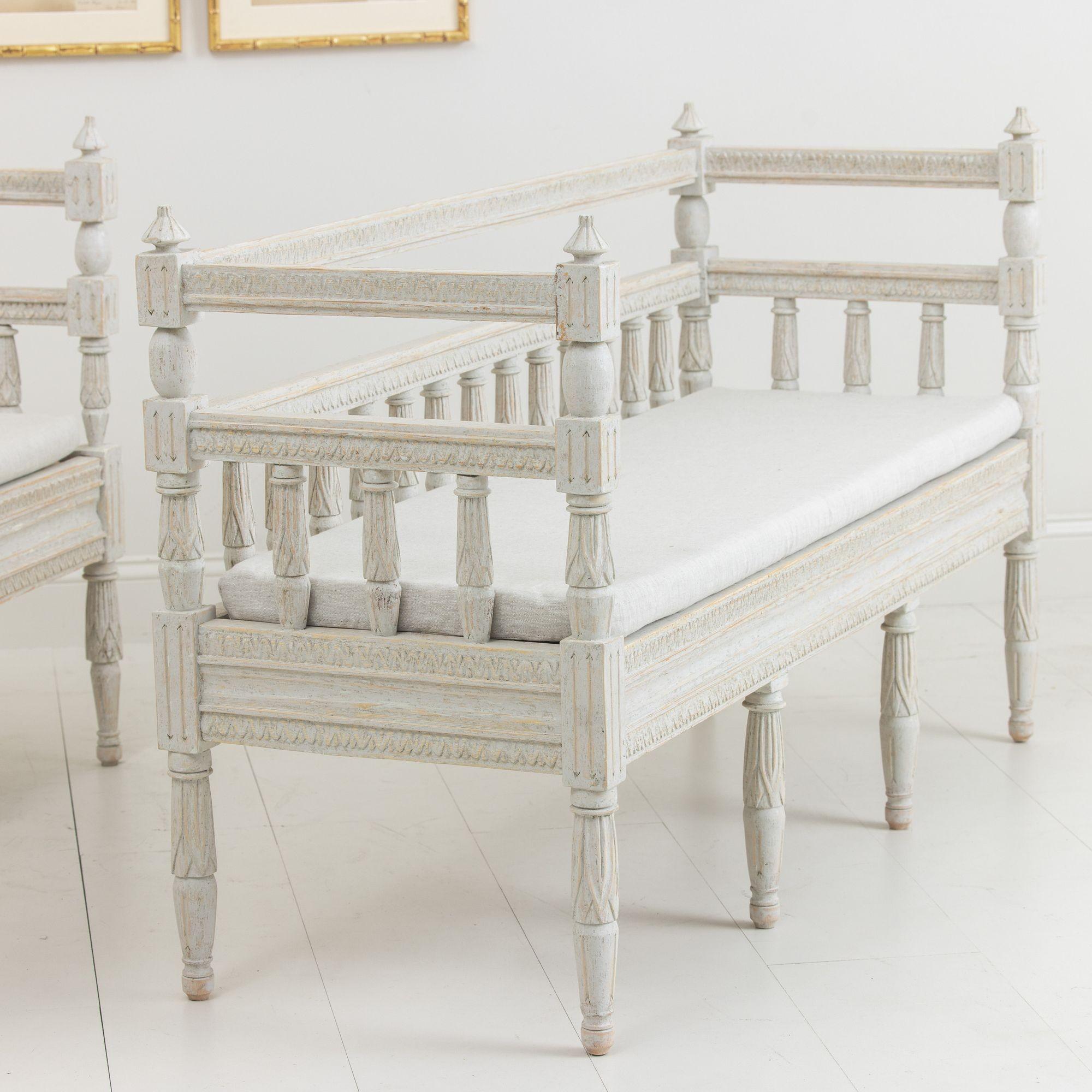 Hand-Carved Pair of 19th Century, Swedish Gustavian Style Painted Sofa Benches For Sale