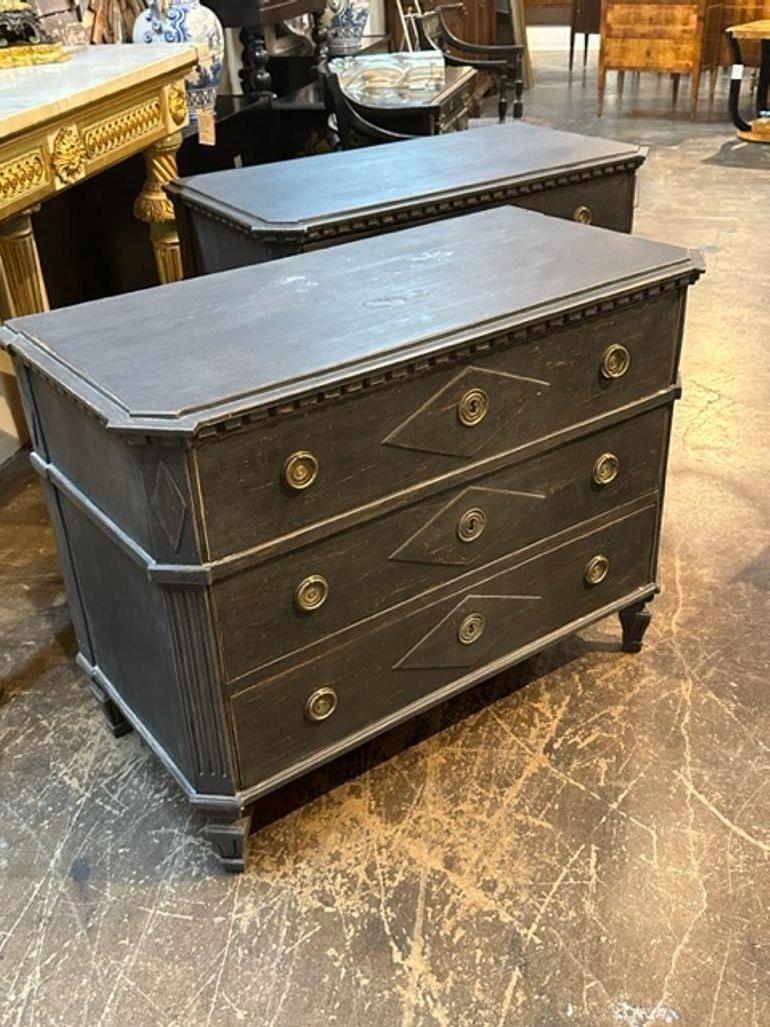Very nice pair of 19th century Swedish Neo-Classical style painted commodes. Lovely grey patina and simple carvings. Great for a transitional look!!