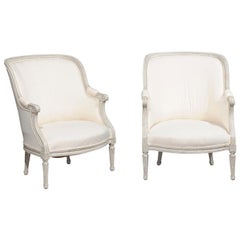 Pair of 19th Century Swedish Neoclassical Style Upholstered Painted Bergères