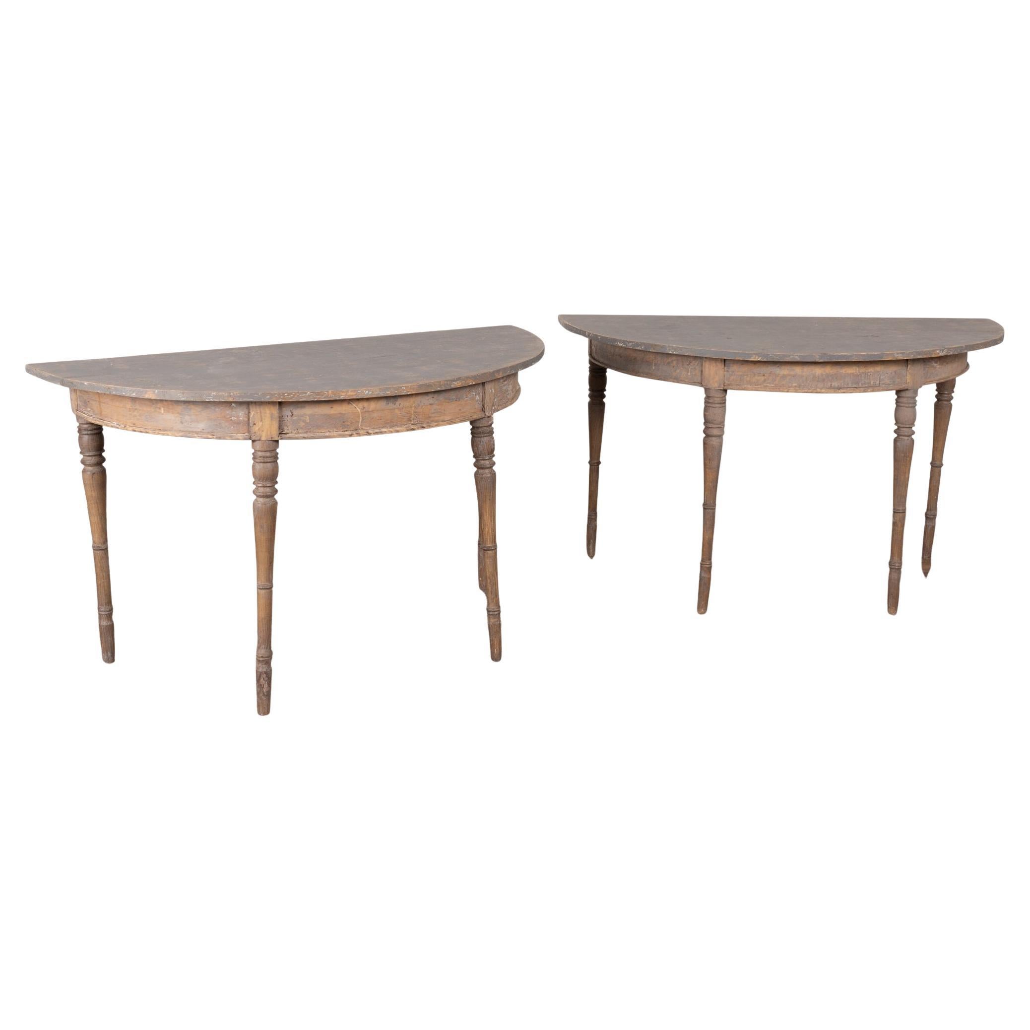 Pair of 19th Century Swedish Painted Demilune Pine Side Tables Consoles For Sale