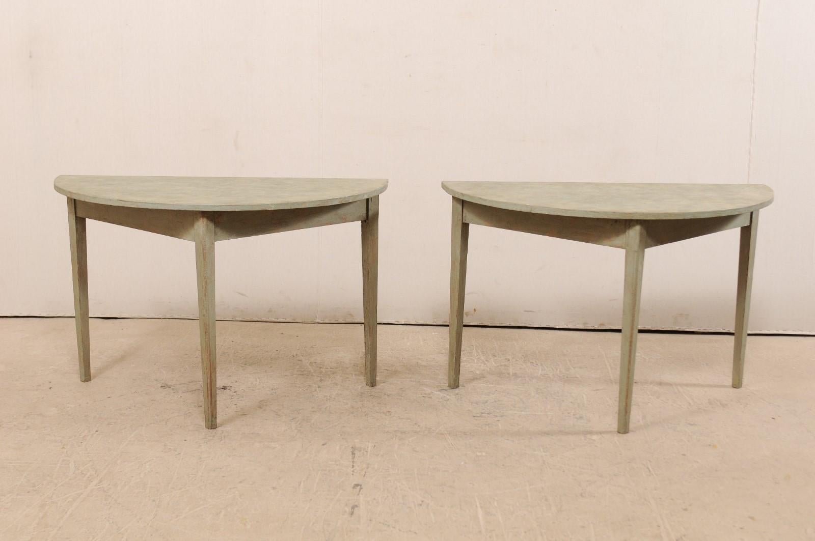 Carved Pair of 19th Century Swedish Painted Wood Demilune Tables, circa 1880
