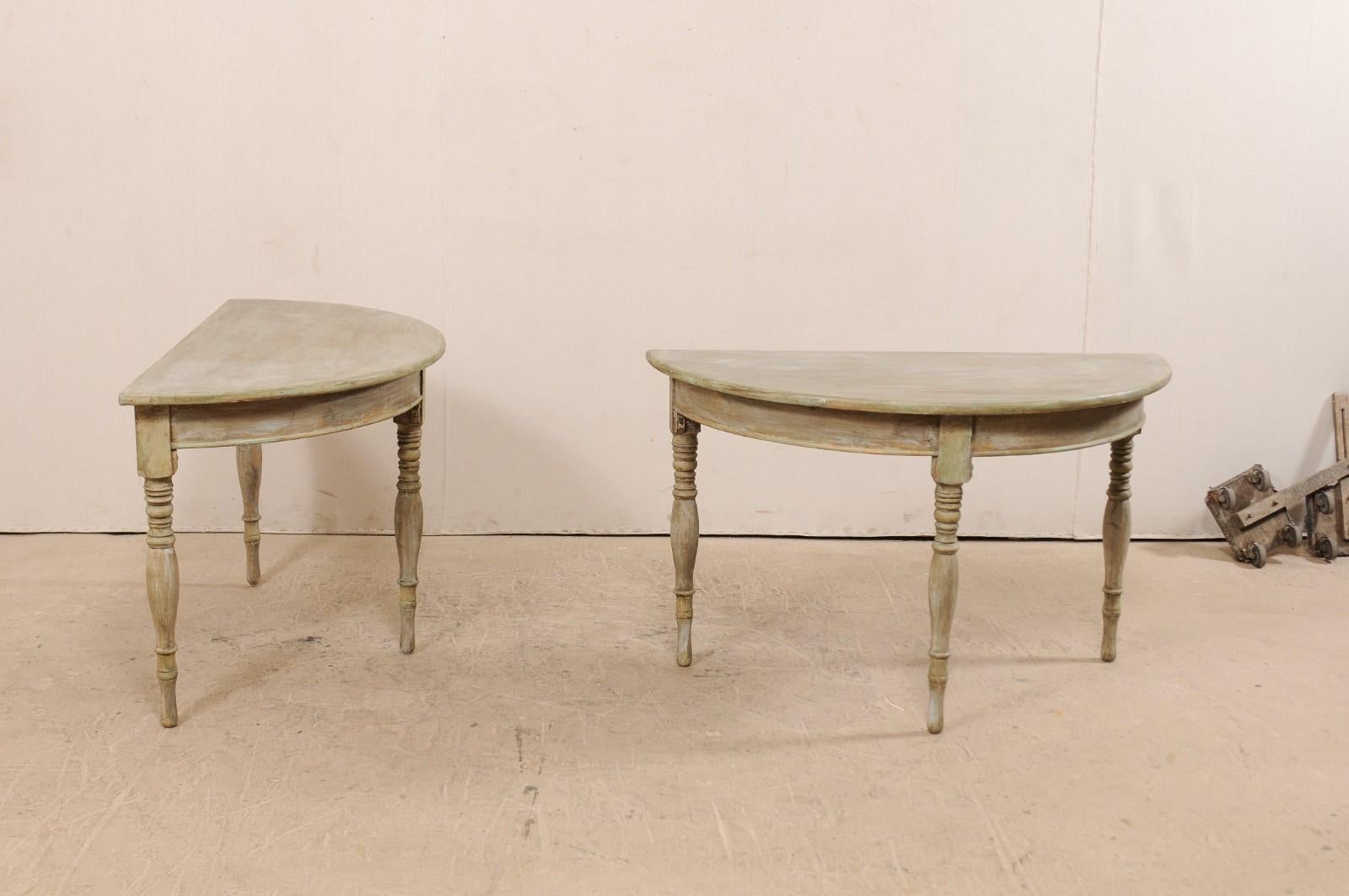 Carved Pair of 19th Century Swedish Painted Wood Demilune Tables