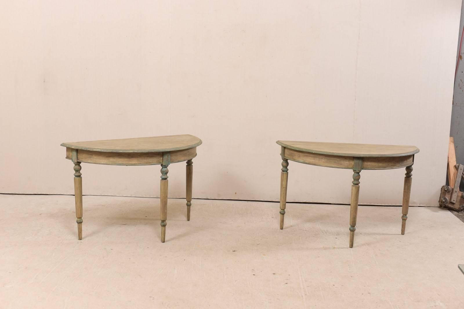 Carved Pair of 19th Century Swedish Painted Wood Demi-Lune Tables with Turned Legs