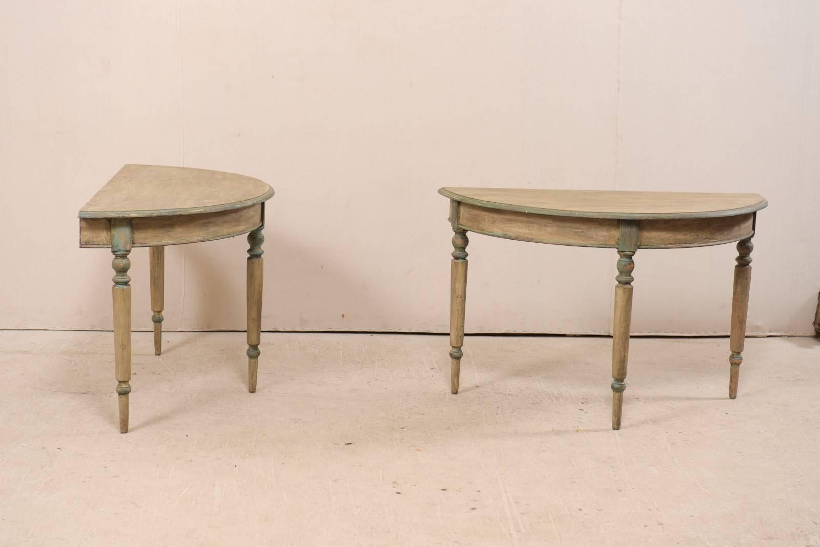 Pair of 19th Century Swedish Painted Wood Demi-Lune Tables with Turned Legs In Good Condition In Atlanta, GA