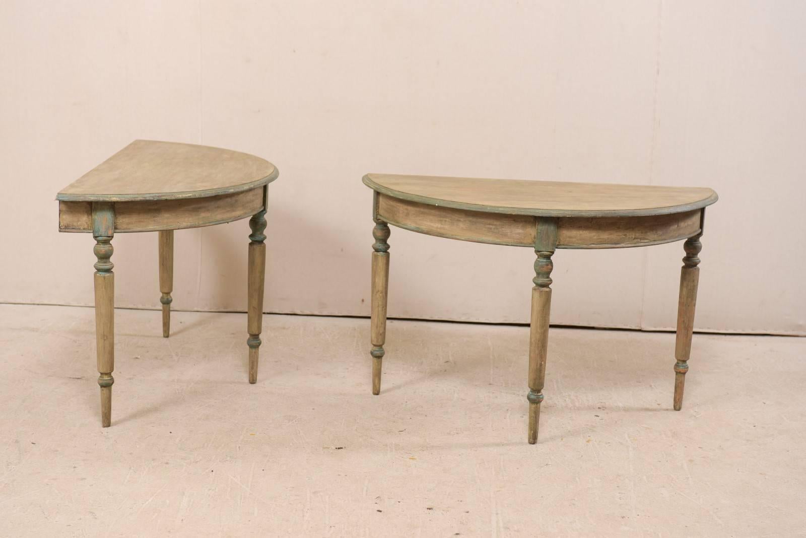 Pair of 19th Century Swedish Painted Wood Demi-Lune Tables with Turned Legs 1